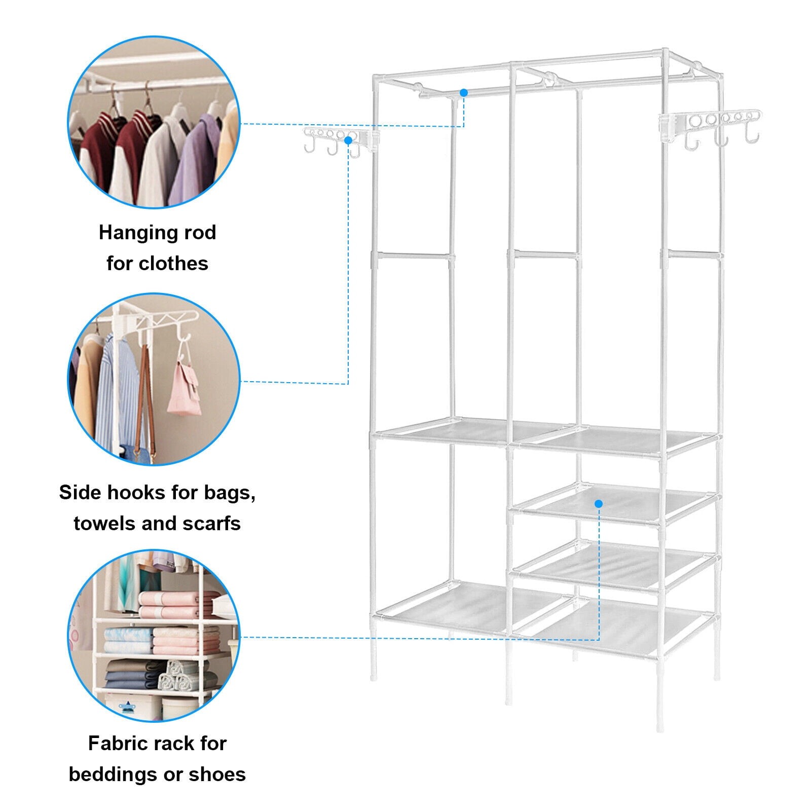 Clothes Rack with 3 Hanging Rods, 63" Extra Large Capacity Wardrobe with Shelves