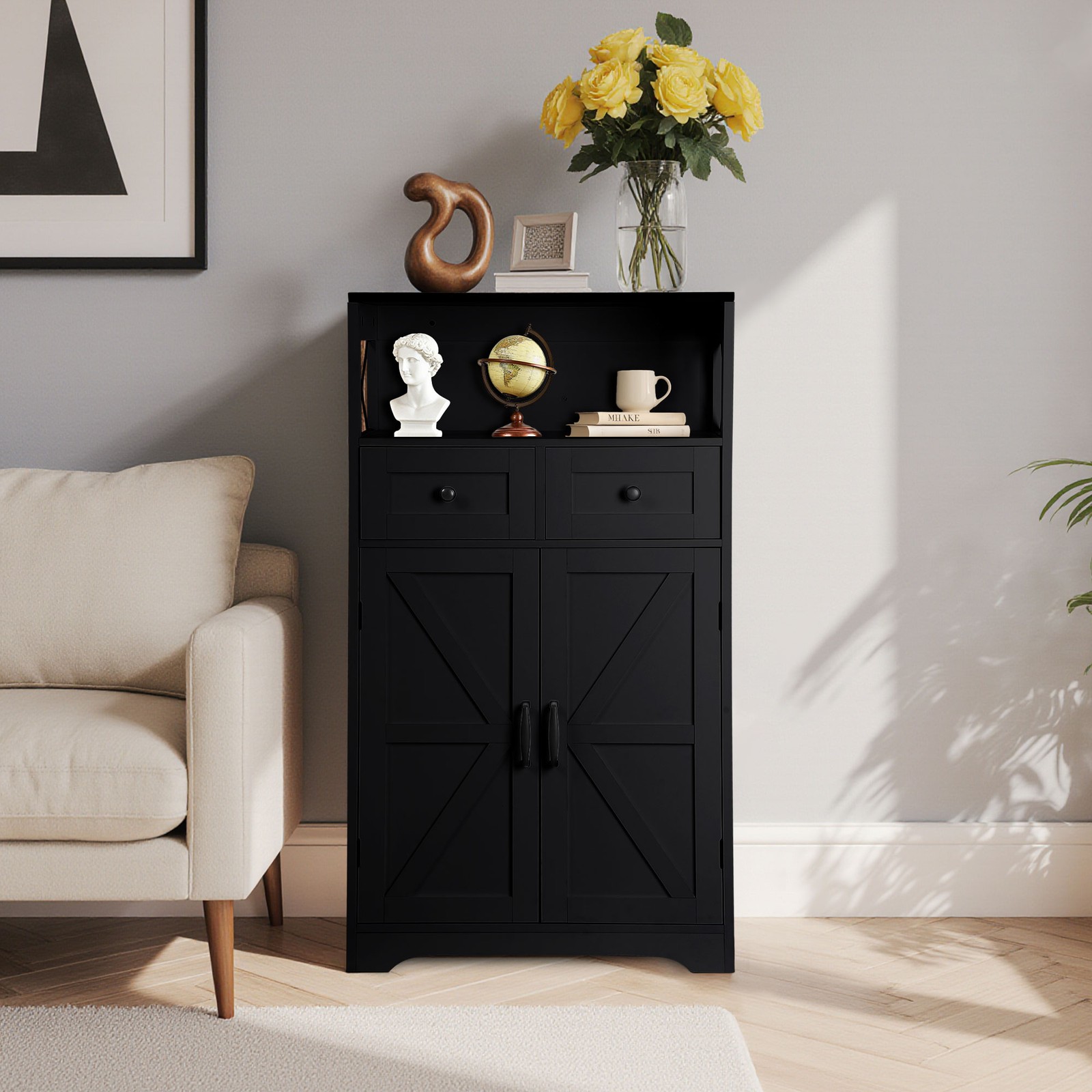 Black Storage Cabinet with Doors & Drawers Freestanding Kitchen Pantry Cabinet