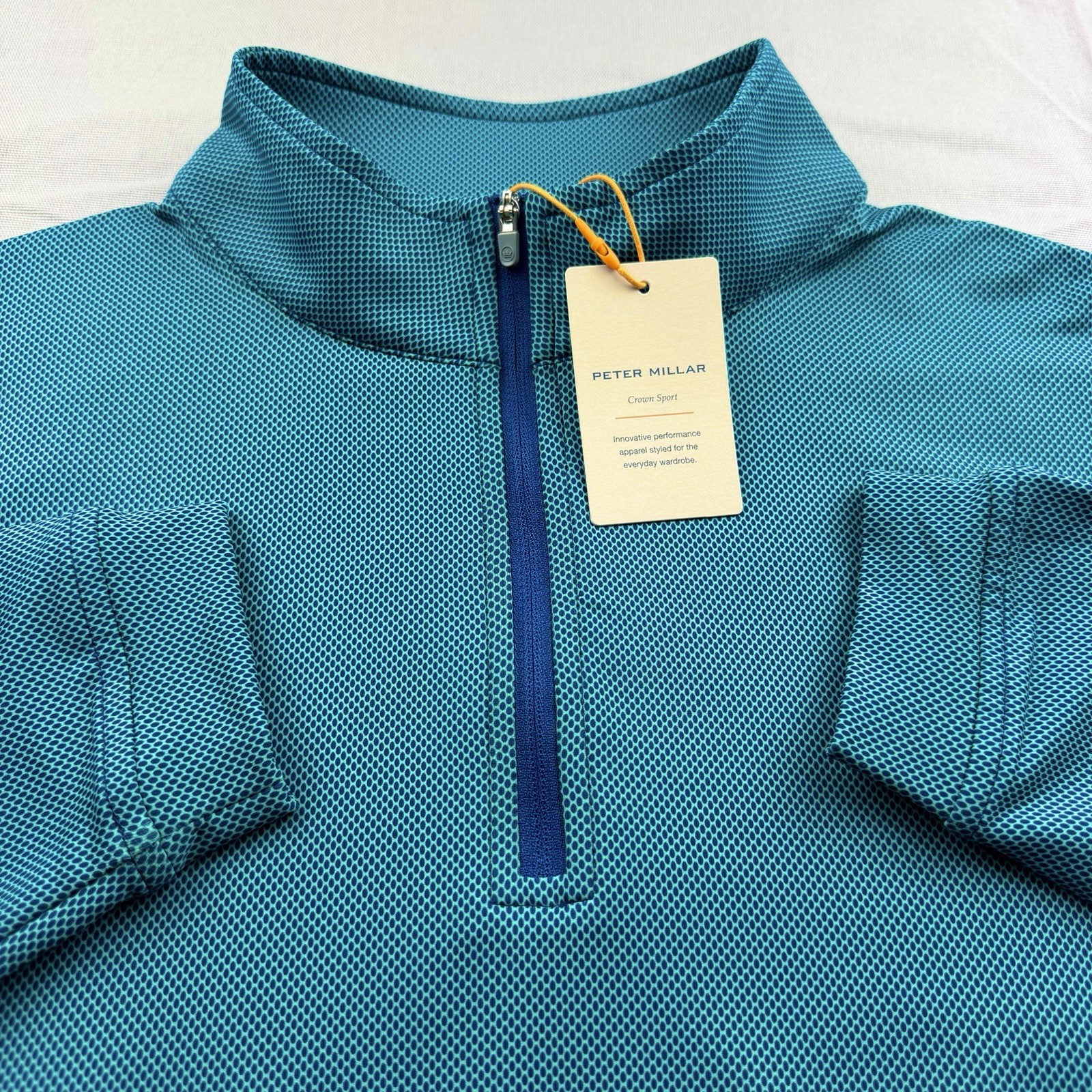 Peter Millar Crown Sport Perth Geo Print Quarter Zip Pullover Navy Green Large