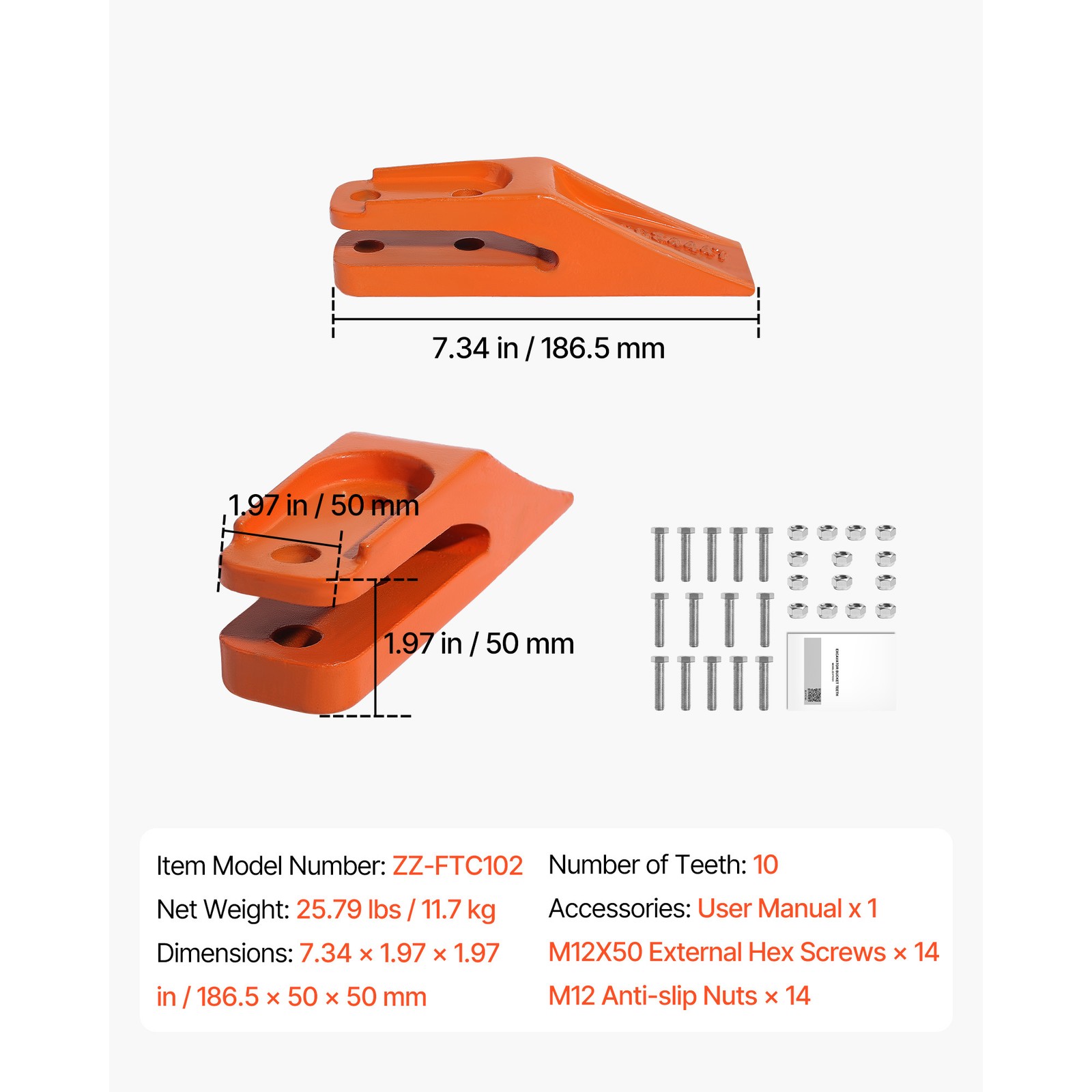 Uimoso 7 Pack Bucket Teeth 7.34" with Pins Excavator Backhoe Bucket Tooth Kit