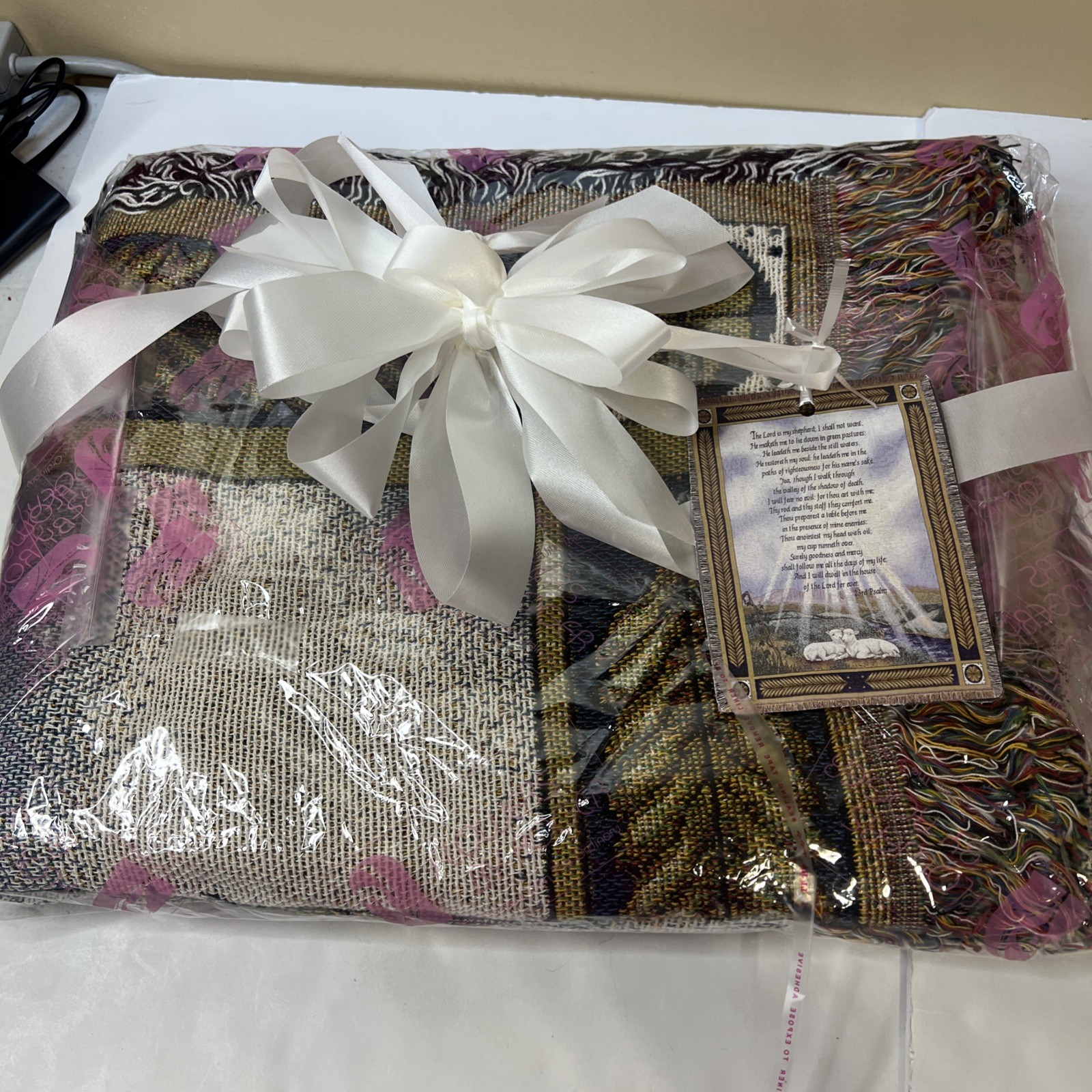 NEW Woven Tapestry of the 23rd Psalm 60"x50" Christian Prayer Lamb Blanket Decor