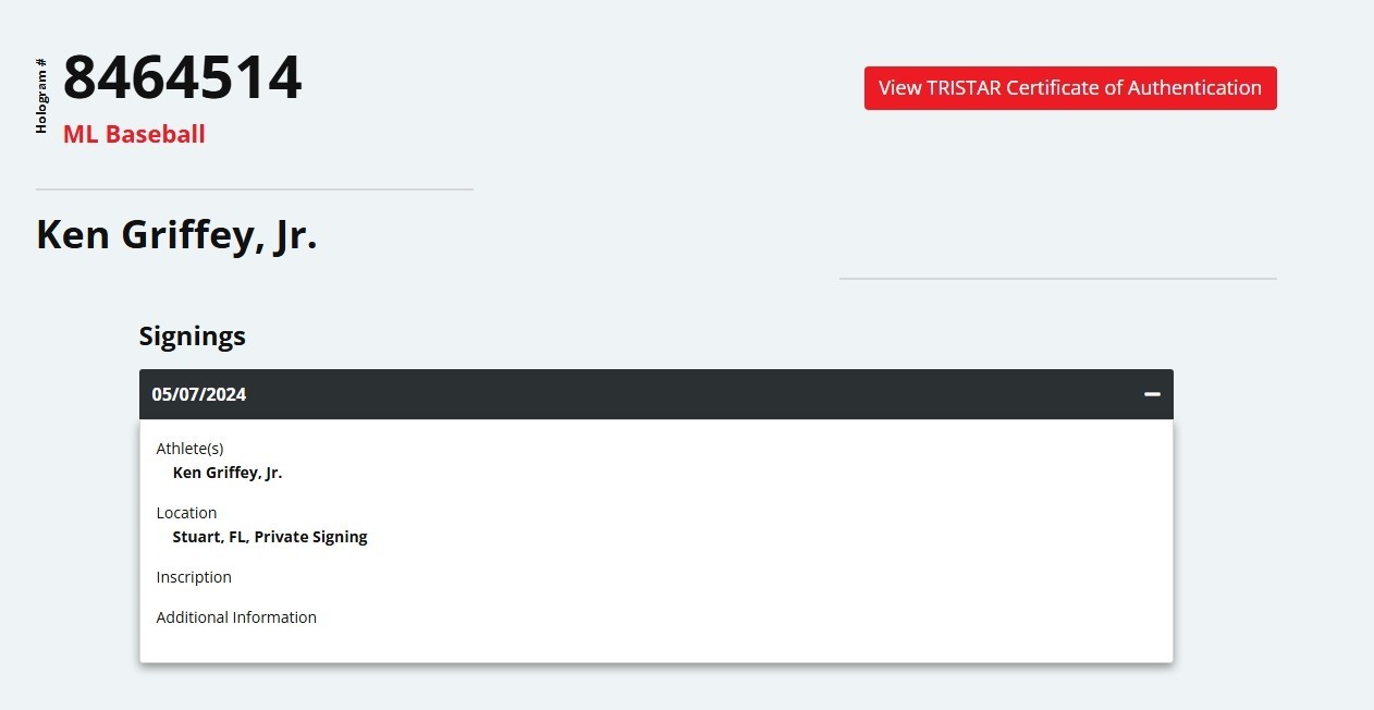 KEN GRIFFEY JR Signed AUTO Autograph OML Baseball MLB Authentic Tristar864514 bj