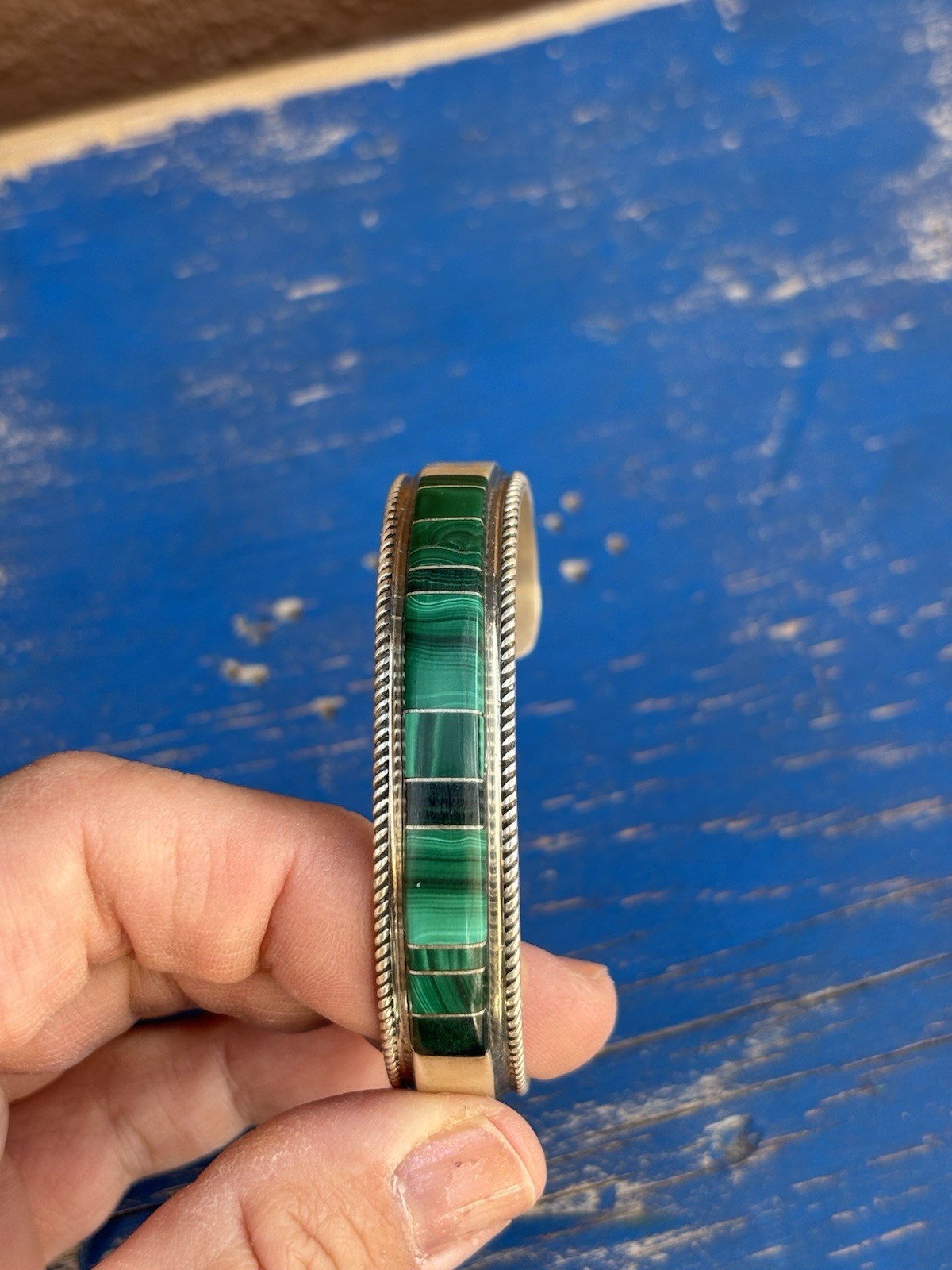 Sterling Silver Inlay Cuff Bracelet Malachite Signed FY fan32