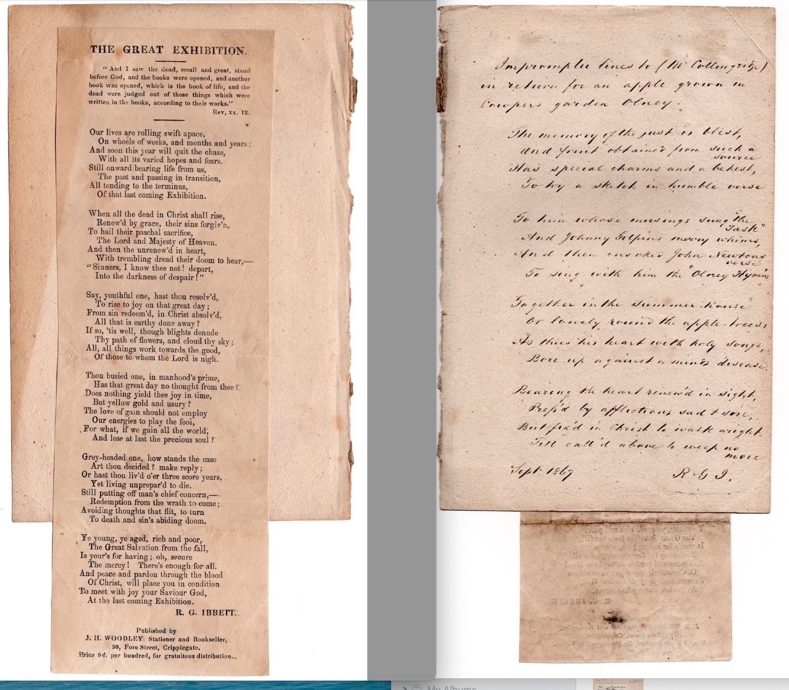 1867 Signed MS Verse re Cowper/Olney + 1851 Great Exhibition Religious Broadside
