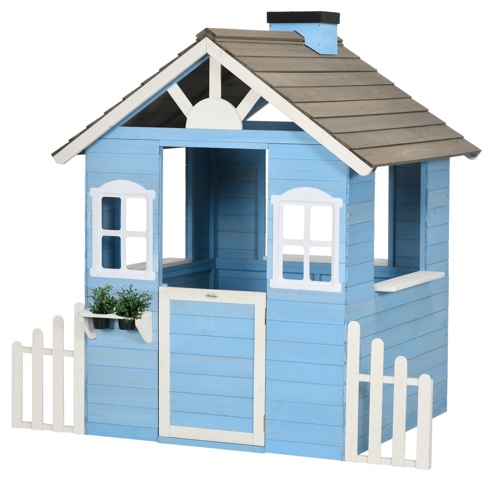 Wooden Playhouse for Kids Outdoor with Flower Pot Holders, Blue
