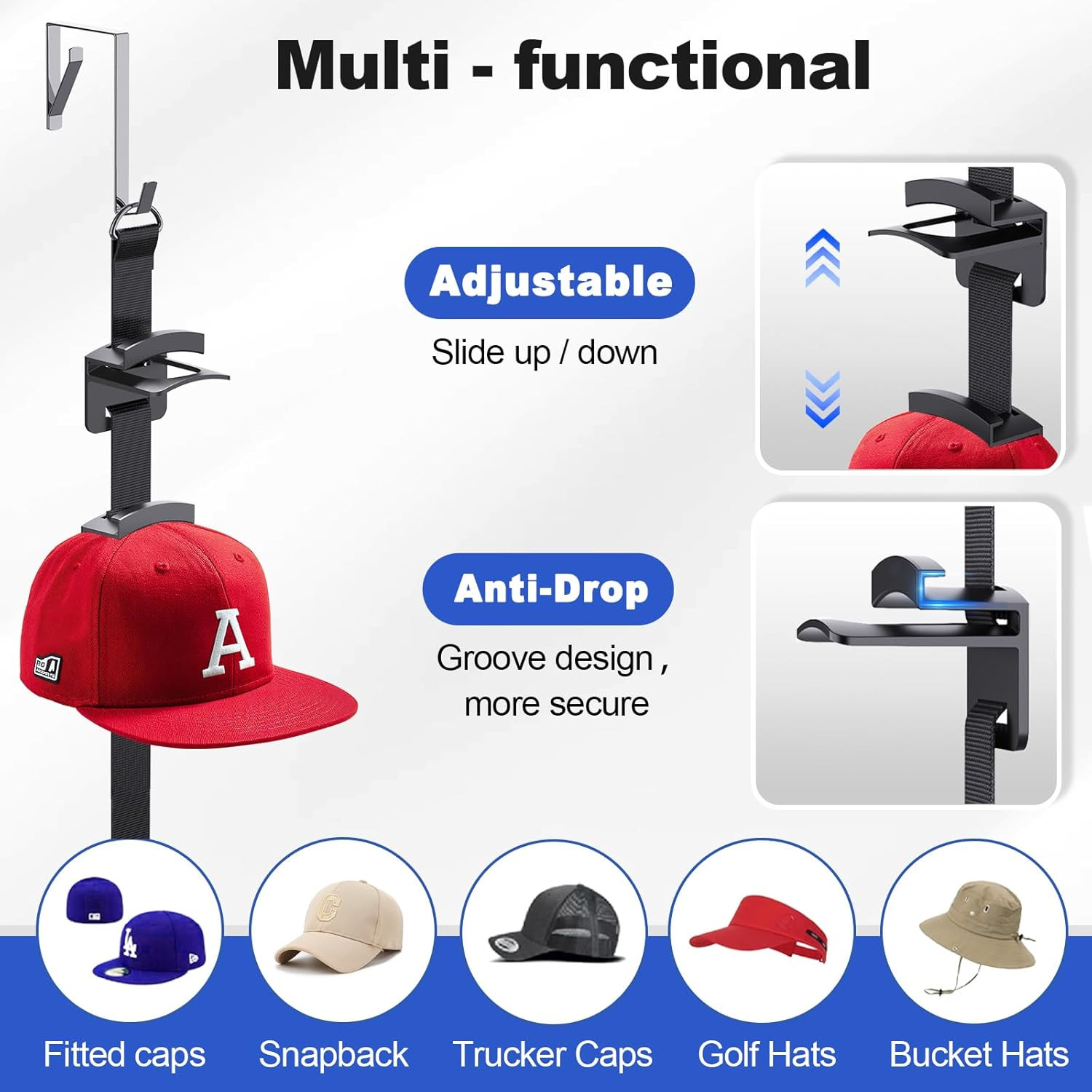 Hat Rack for Door - Two-Way Hanging Caps with Display Hooks and Hanger, Hat Orga