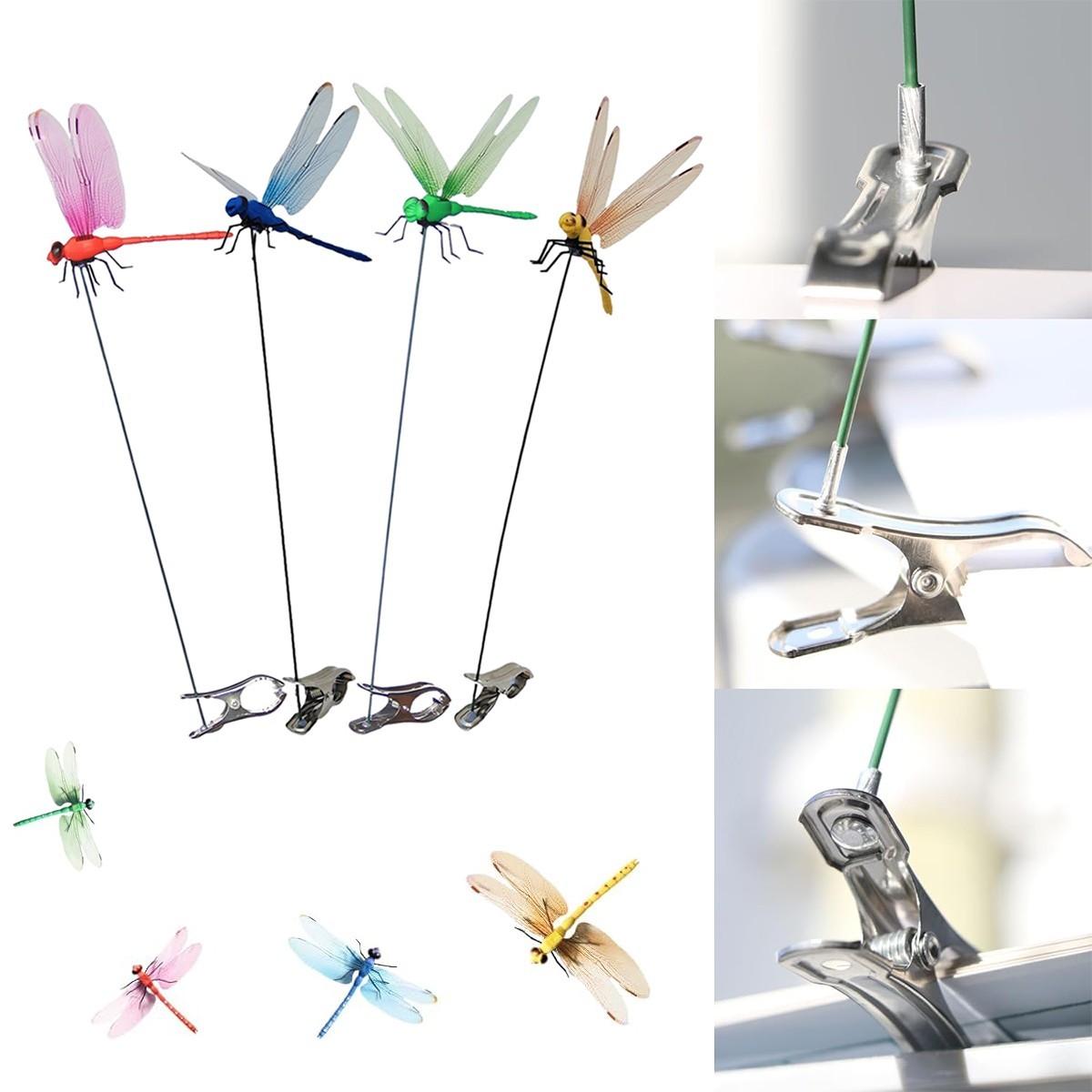 4* Fake Dragonfly Clips Clip on Dragonfly for Outdoors 3D Dragonfly Garden Decor