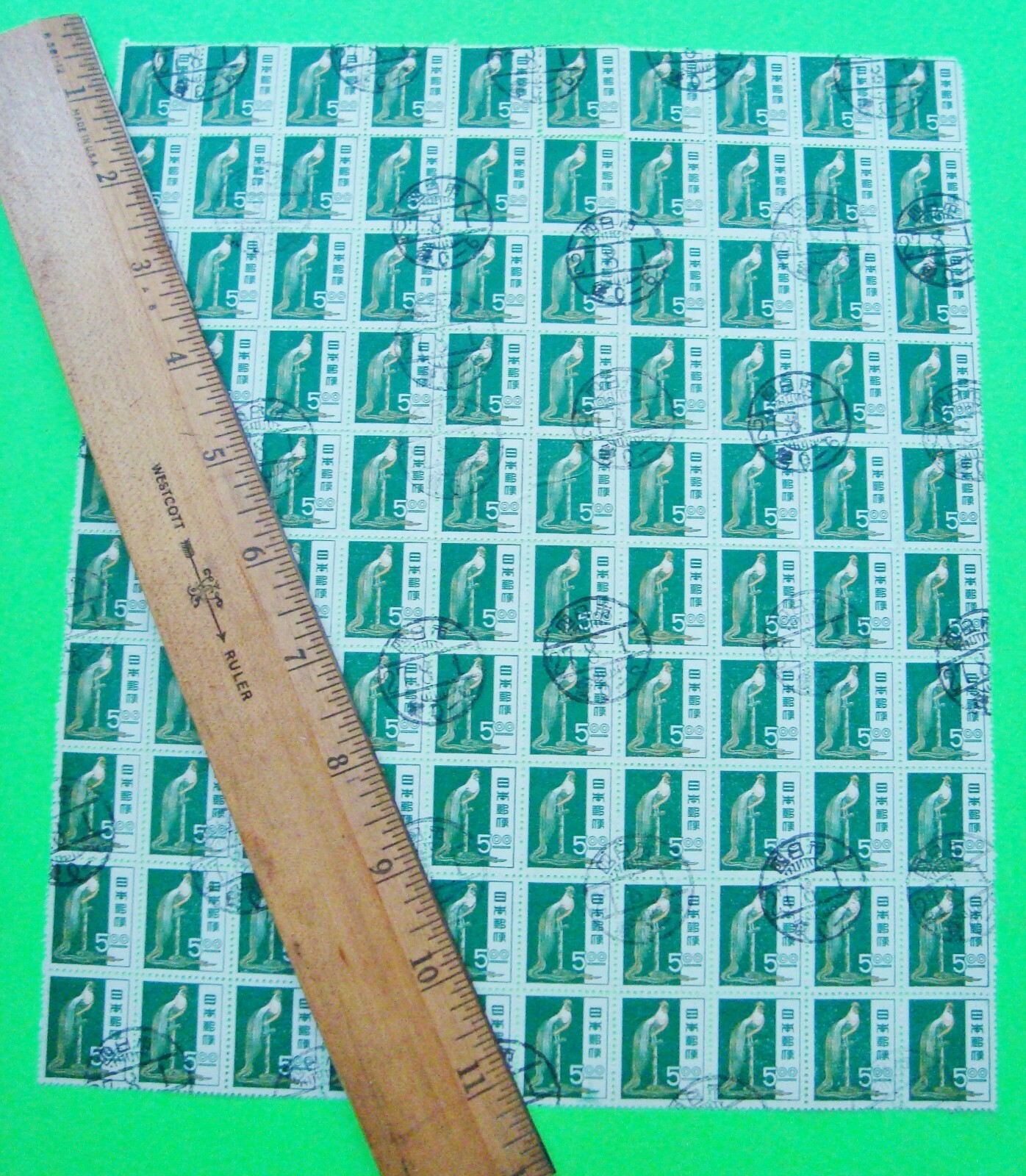 Oddball 1950's FULL SHEET OF 100 JAPANESE ROOSTER 5-YEN STAMPS ? Commemorative?