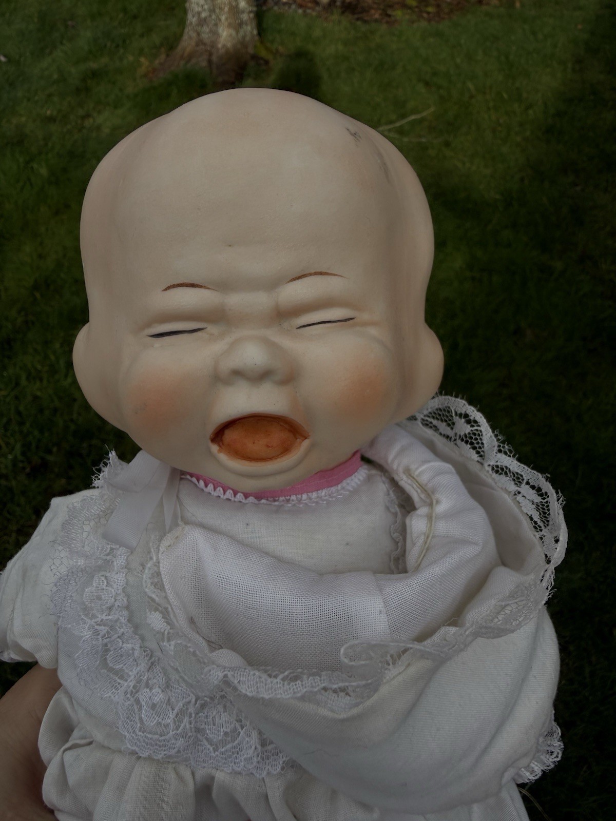 Vintage 13” Three Faced Bisque Porcelain Doll With Bonnet Triple Head Taiwan