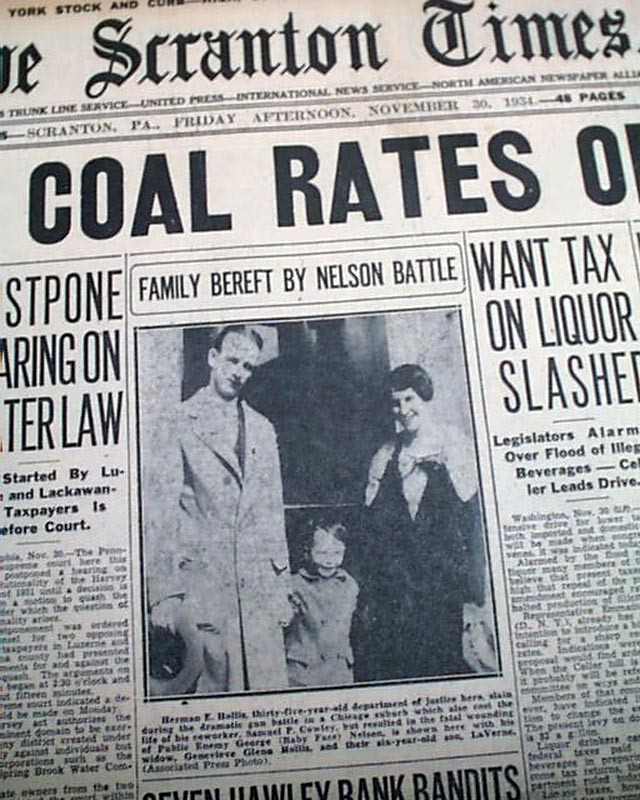 BABY FACE NELSON KILLED Bank Robber Battle of Barrington PHOTO 1934 Newspaper