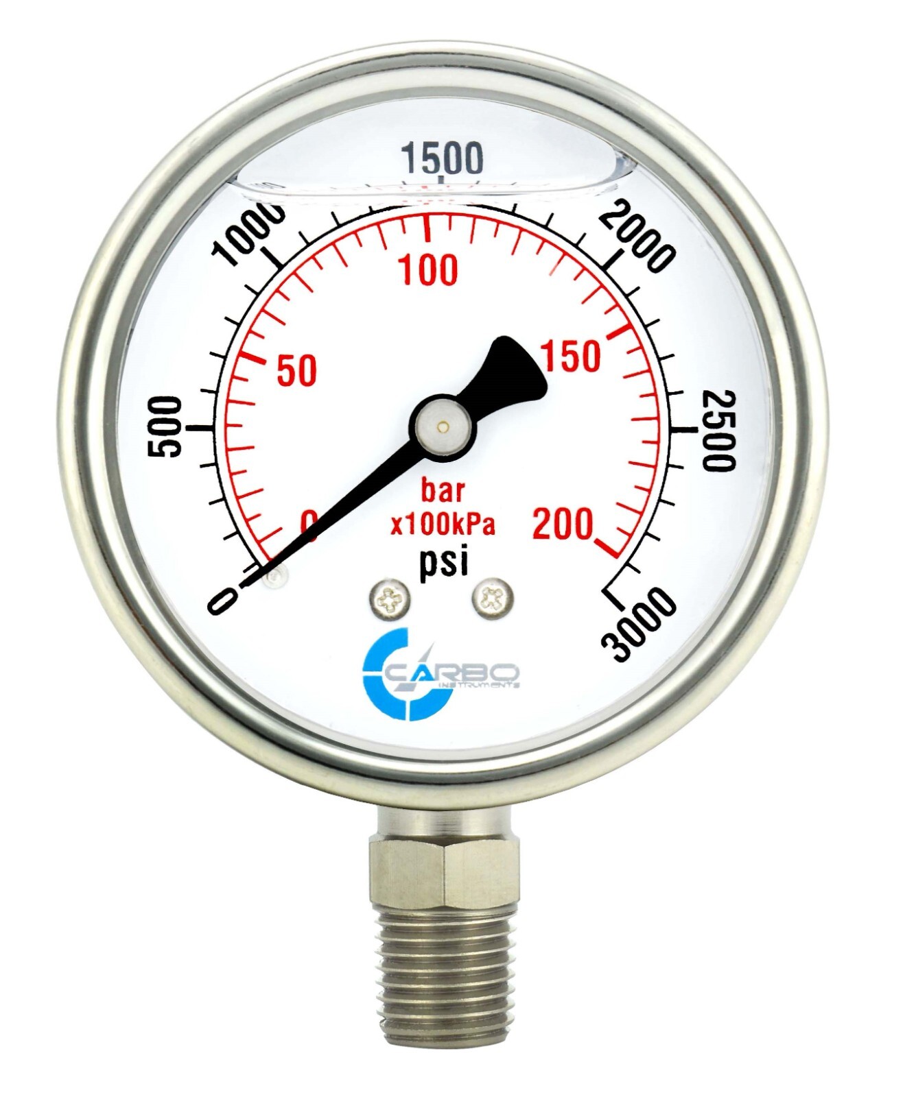 2.5" LIQUID FILLED PRESSURE GAUGE 0 - 3000 PSI, STAINLESS STEEL CASE LOWER MOUNT
