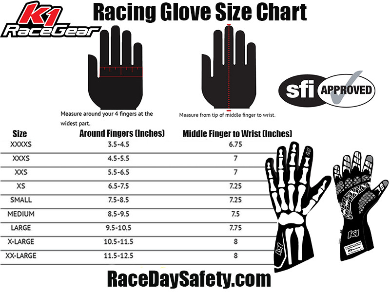 K1 RaceGear Skeleton Nomex Racing Gloves SFI 3.3/5 Black/White Kids & Adult