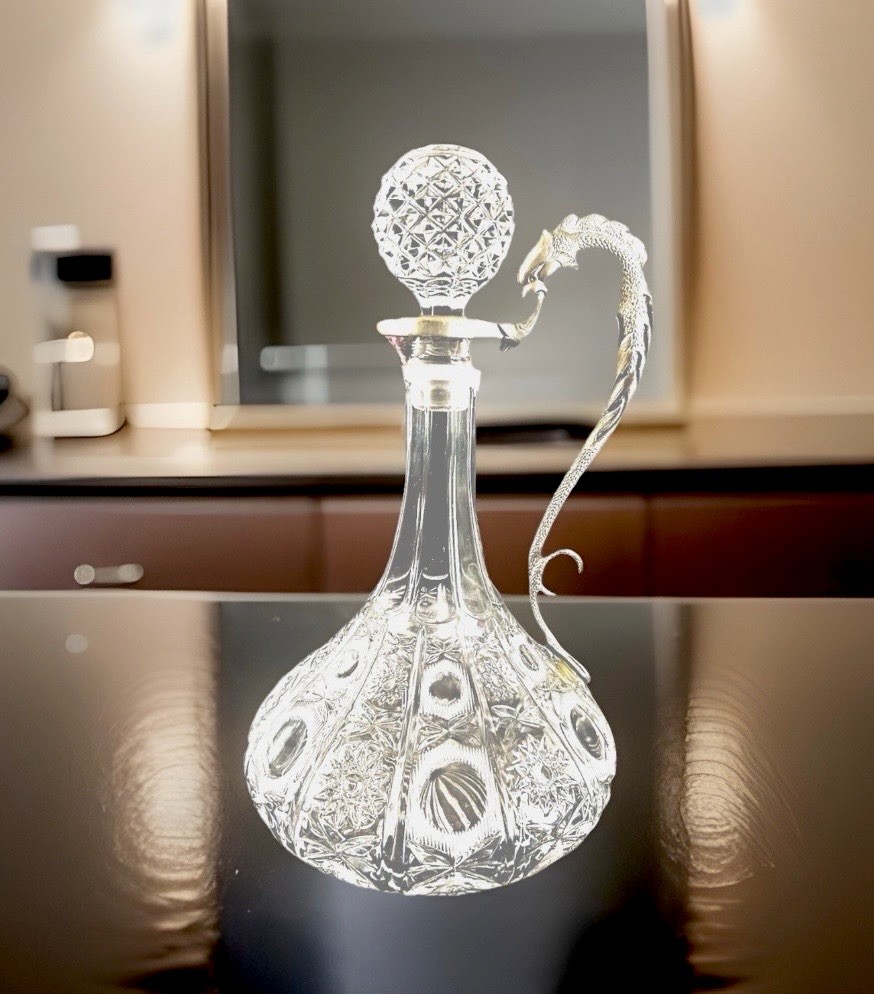 Glass Crystal Decanter Dragon Handle 11.5" Tall Italy