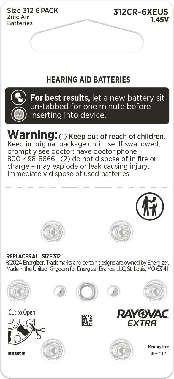 60 x Rayovac Extra 312 Size Hearing aid batteries Zinc air 10 Packs Used By 2028