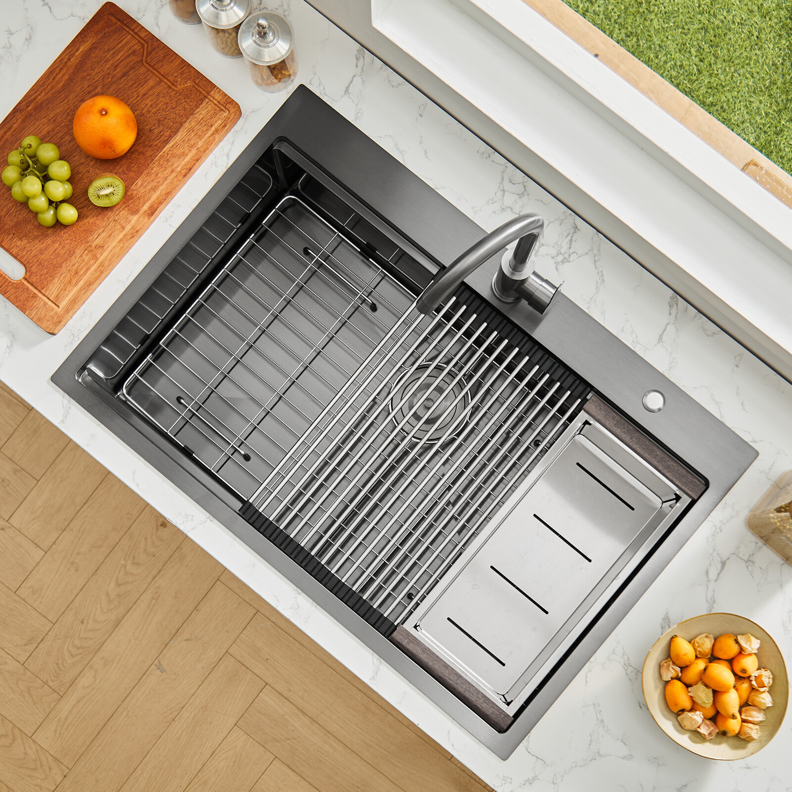 33" Drop In Kitchen Sink Top Mount Single Bowl Basin Stainless Steel Black