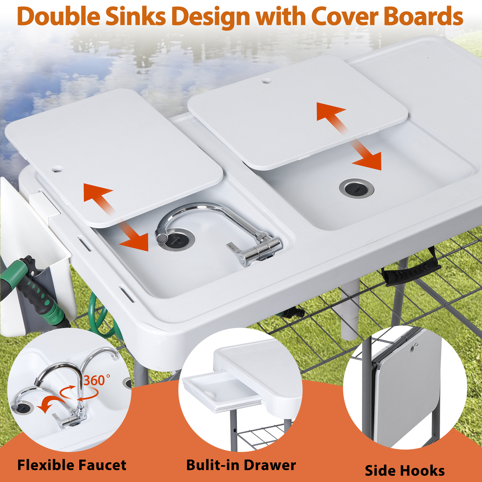 Fish Cleaning Table with Sink 42.6" Width Portable Folding Camping Table Patio