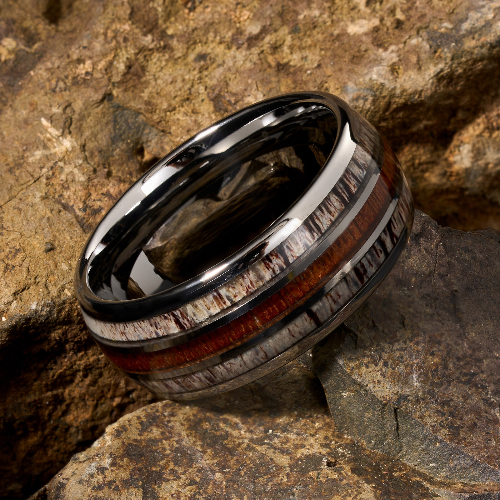 10mm Silver Tungsten Ring Men Wedding Band ATOP Jewelry & Deer Antler Koa Wood