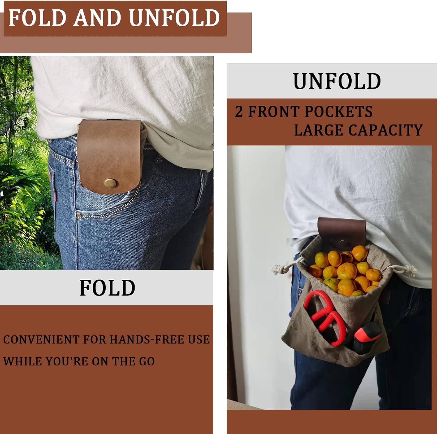 Foraging Pouch Leather Canvas Collapsible Bag Water Resistant 8.66", Green