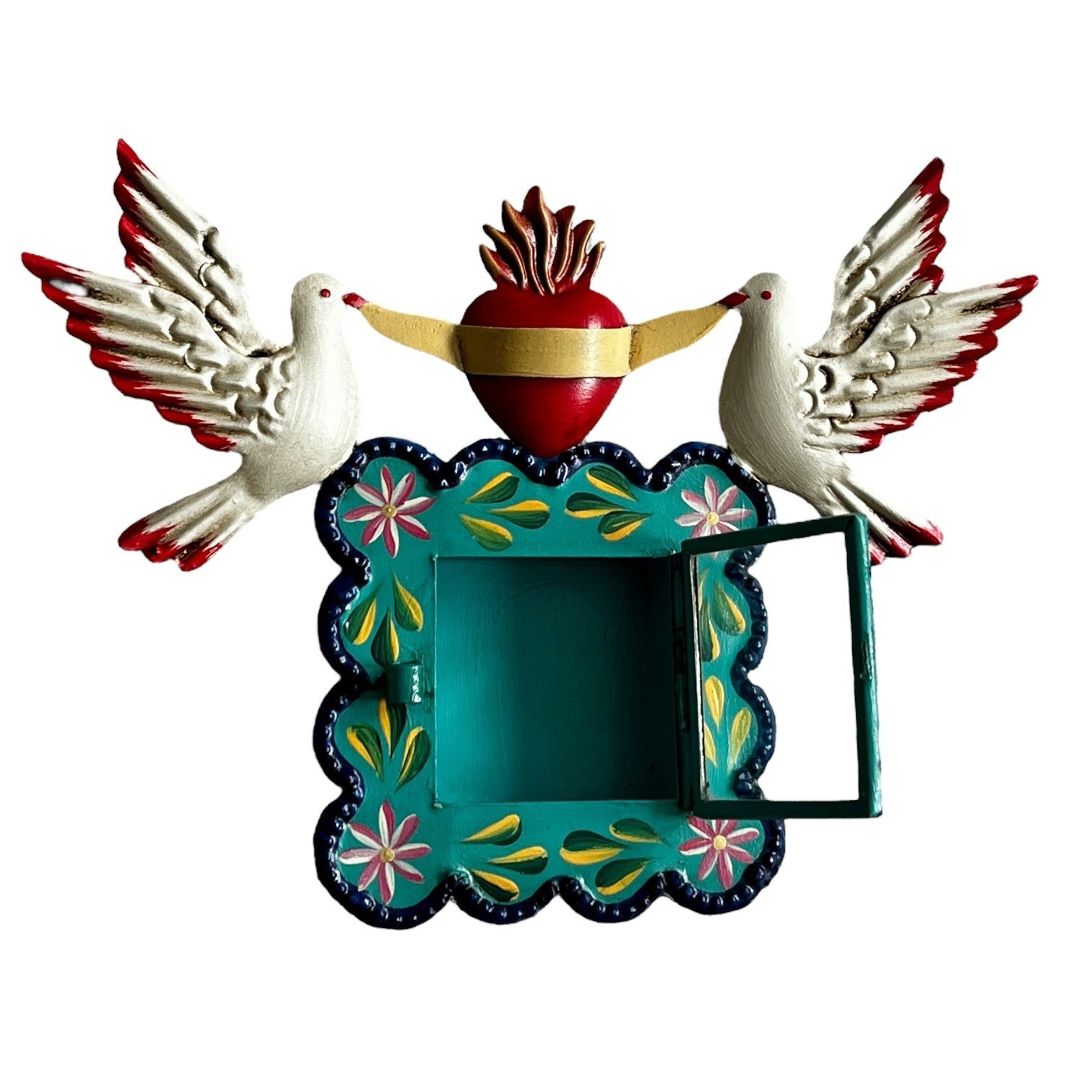 Painted SACRED HEART Frame with Doves, Mexican Tin Heart Nicho, Shadowbox Green