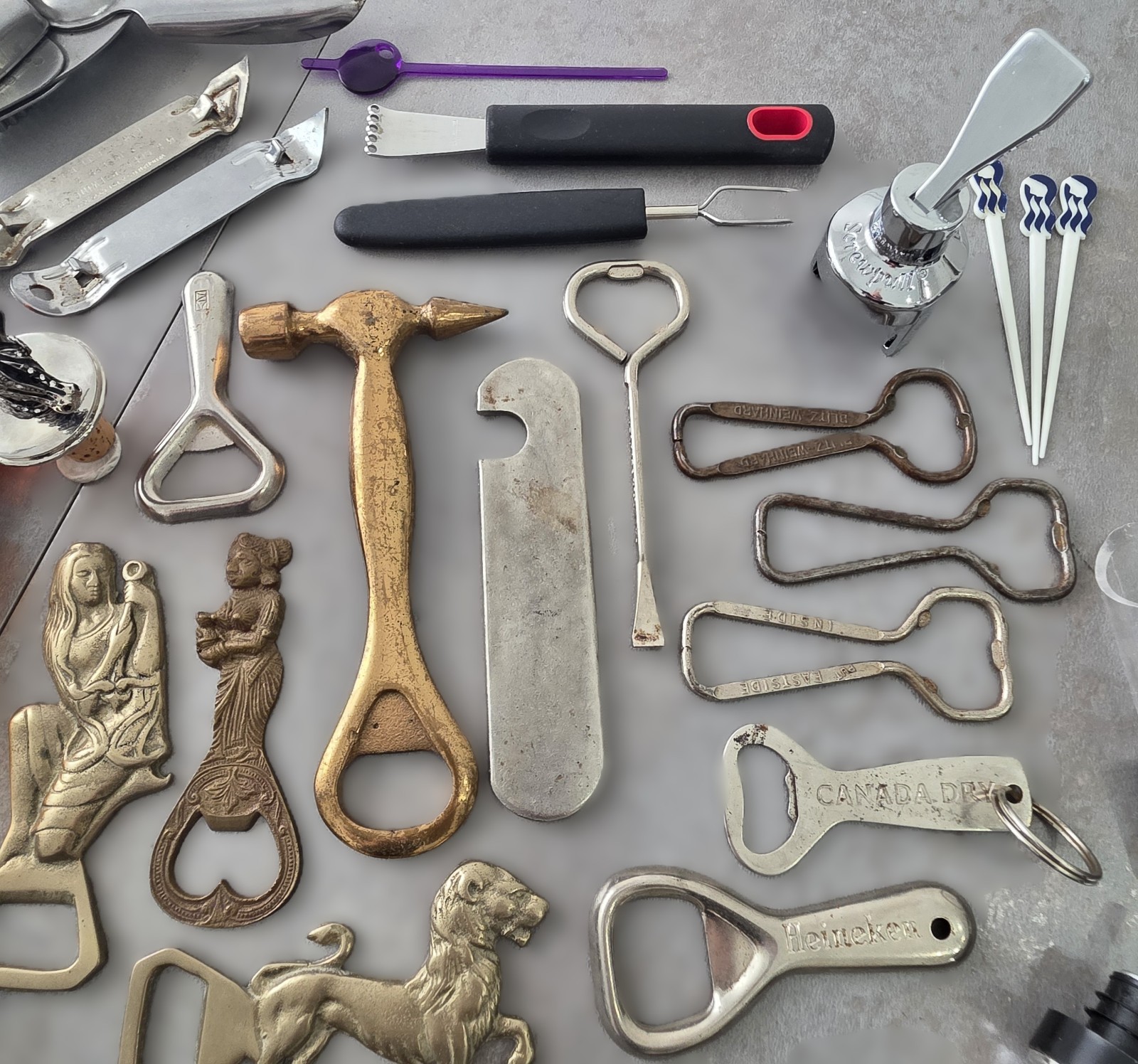 58 pc Lot of Vintage Bottle Openers, Picks, Barware, Bronze, Brass, Chrome, etc.