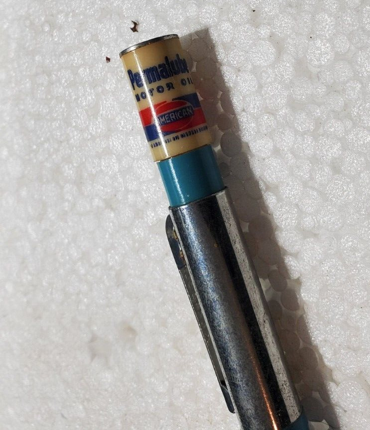 Vintage RITEPOINT PEN PERMALUBE AMERICAN MOTOR OIL Pen GAS ADVERTISING Topper