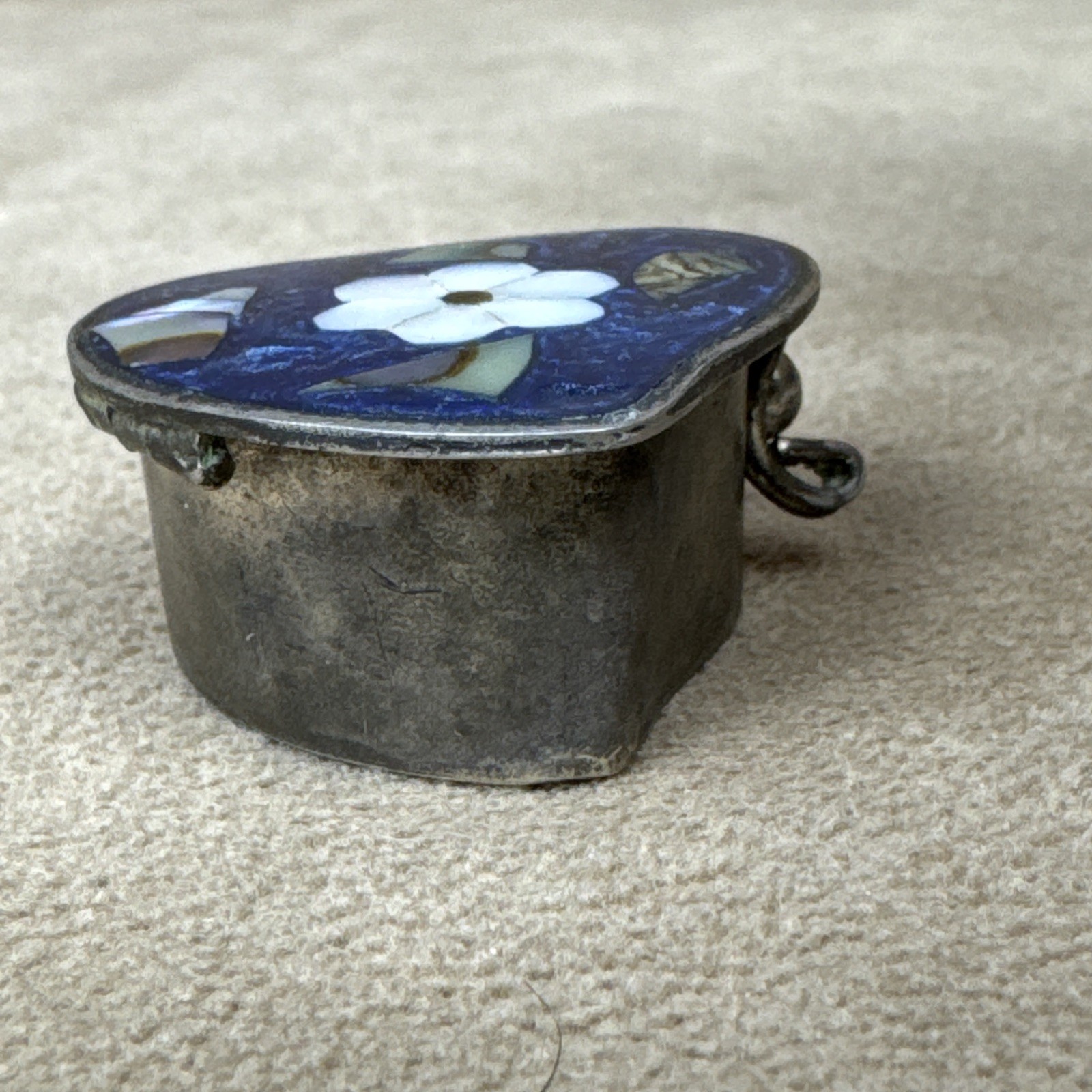 VTG Alpaca Mexico Silver Abalone Shell Inlay Pill Box Trinket-Flower Heart Daisy