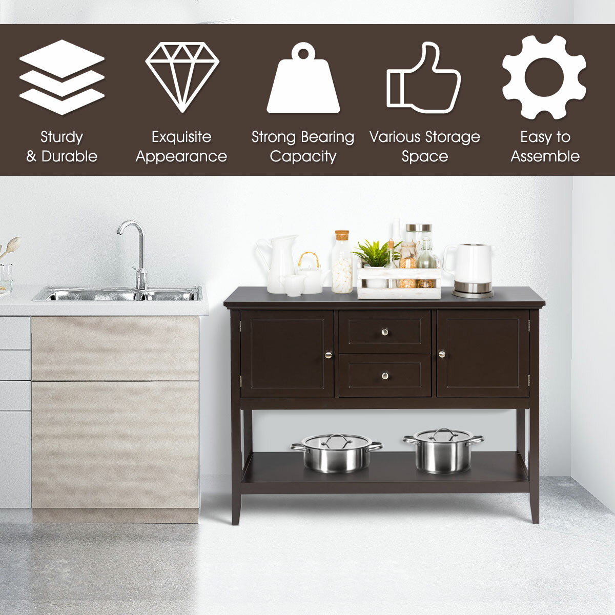 Costway Sideboard Buffet Table Wooden Console Table w/ Drawers & Cabinets Brown