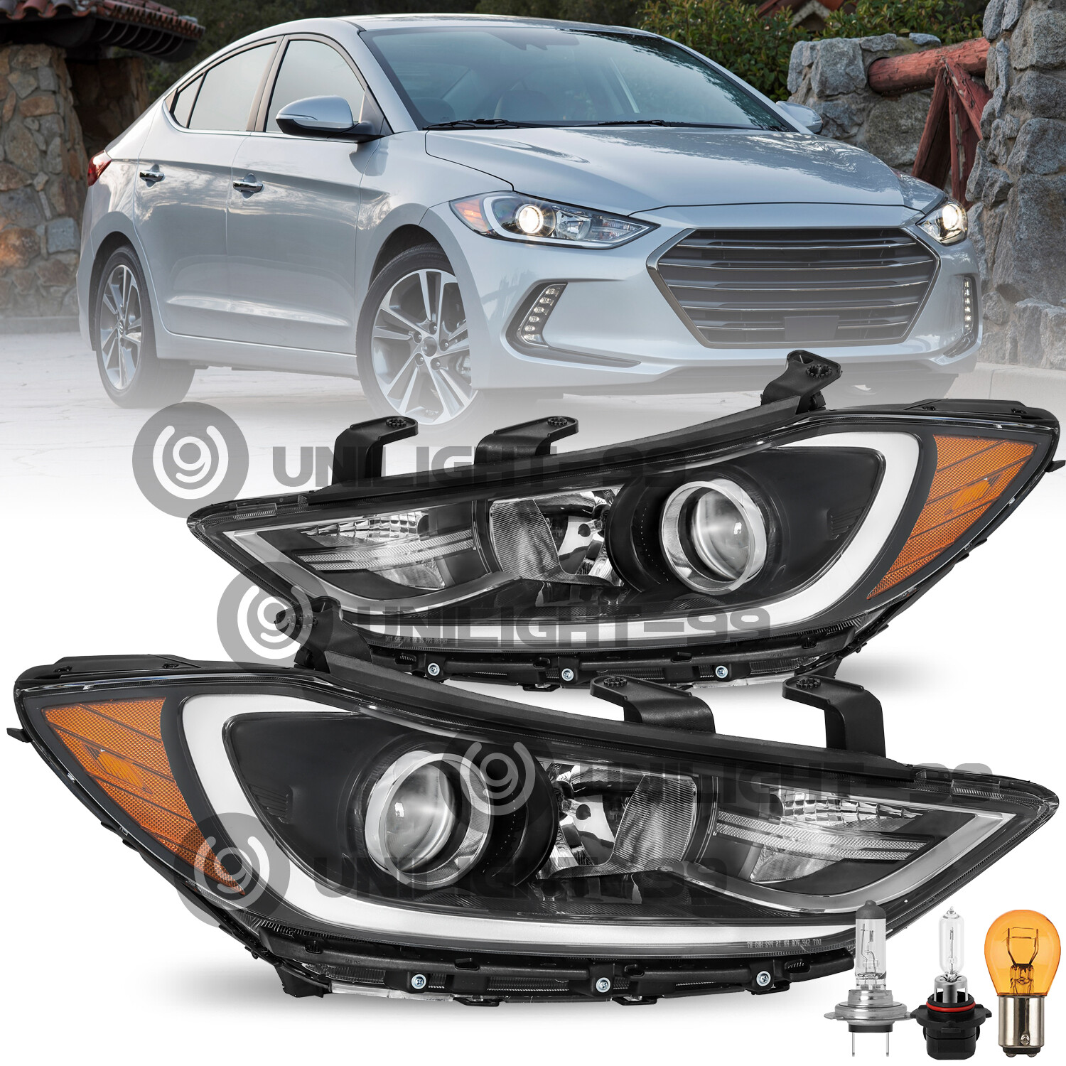 W/Bulbs For 2017 2018 Hyundai Elantra Projector Headlights Assembly Left & Right