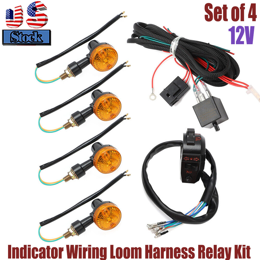 4X Universal Motorcycle Indicator Wiring Loom Harness Relay Kit Turn Signals