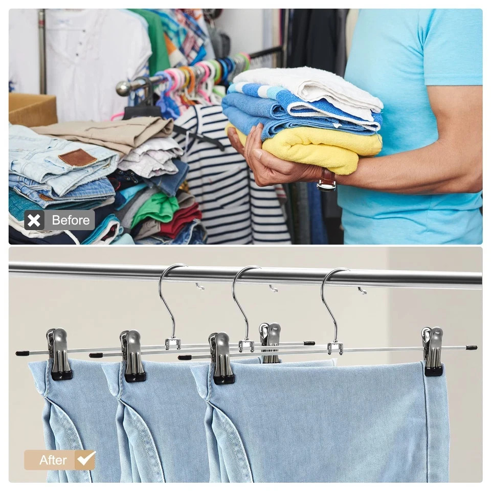 Pants Hangers with Clips Heavy Duty 10 Pack Adjustable Metal Pants Hanger Skirt