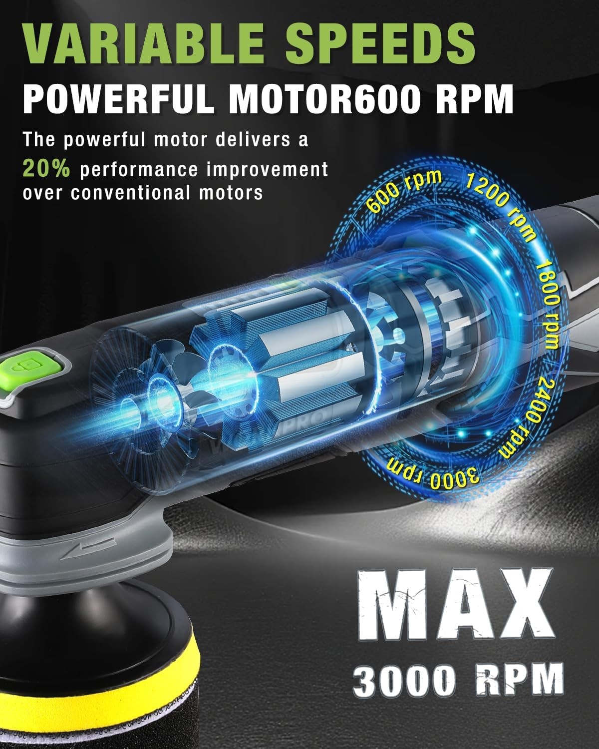 WORKPRO 12V Cordless Mini Buffer Polisher 5 Speed 3000 RPM for Waxing Polishing