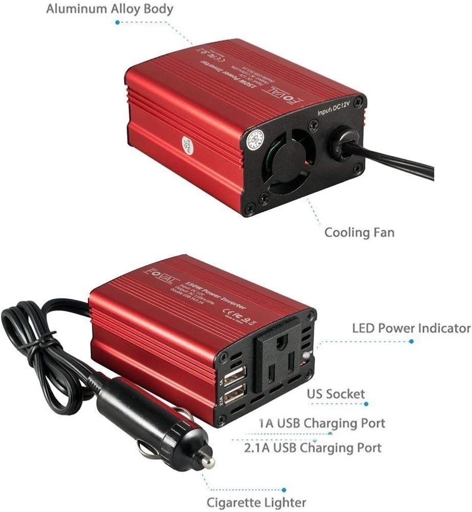 FOVAL 150W Car Power Inverter 12V DC to 110V AC Converter Vehicle Adapter Plug