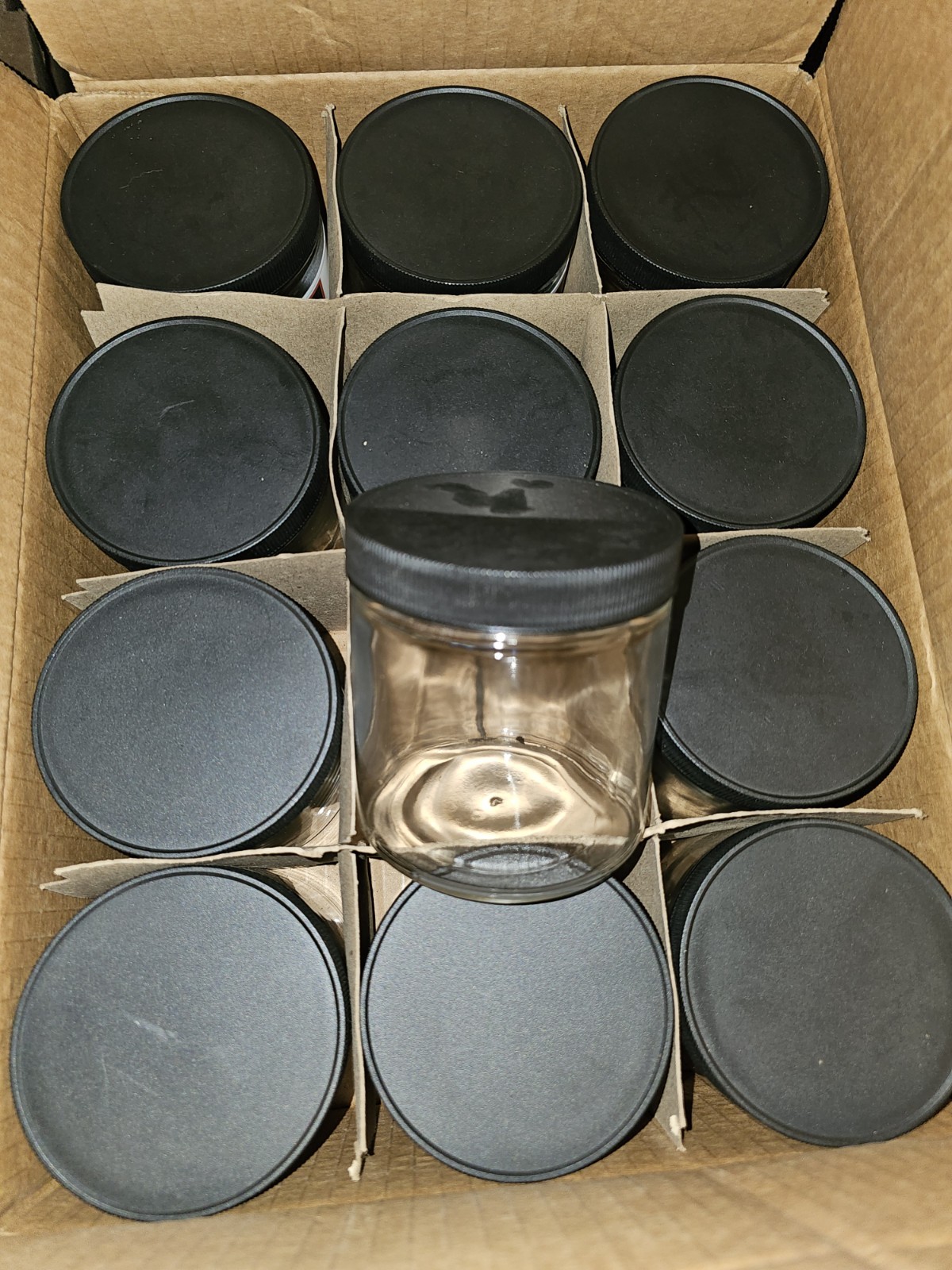 12 COUNT 16 OZ STRAIGHT SIDED GLASS JAR WITH BLACK PLASTIC CAP ULINE S-17984P-BL