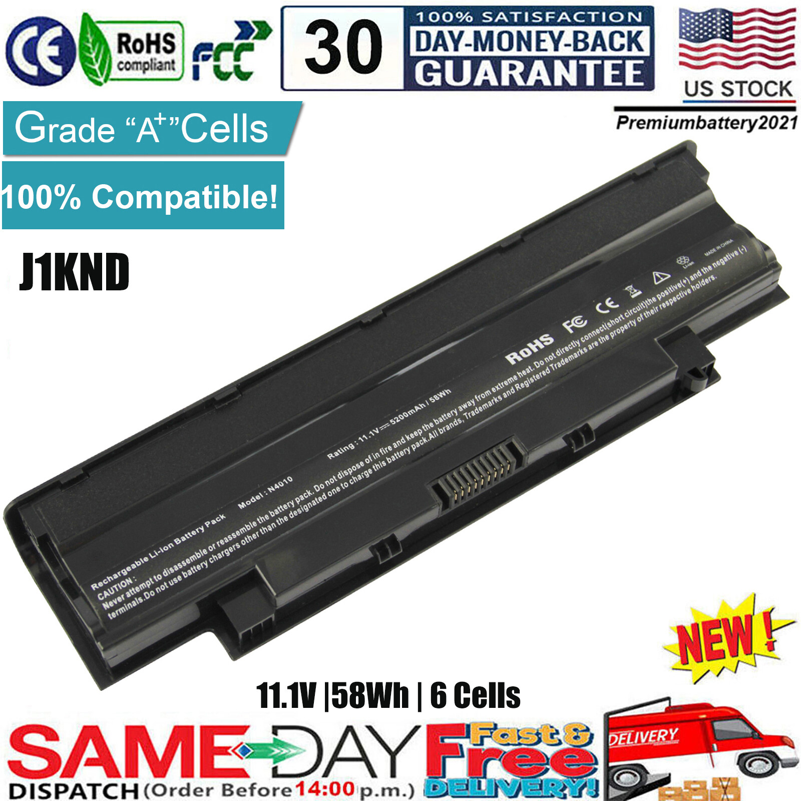 6 Cell Battery J1KND for Dell Inspiron N4010 N4110 N5010 N5050 N5110 N7010 N7110