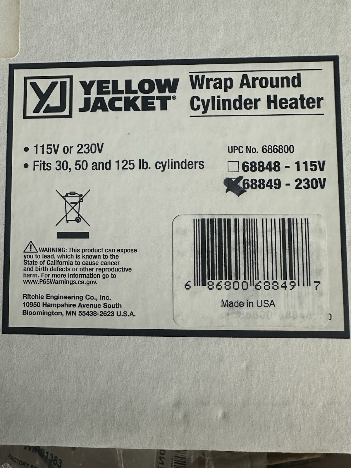 Yellow Jacket OEM 68849 Wrap Around Refrigerant Cylinder Heater 220 VAC