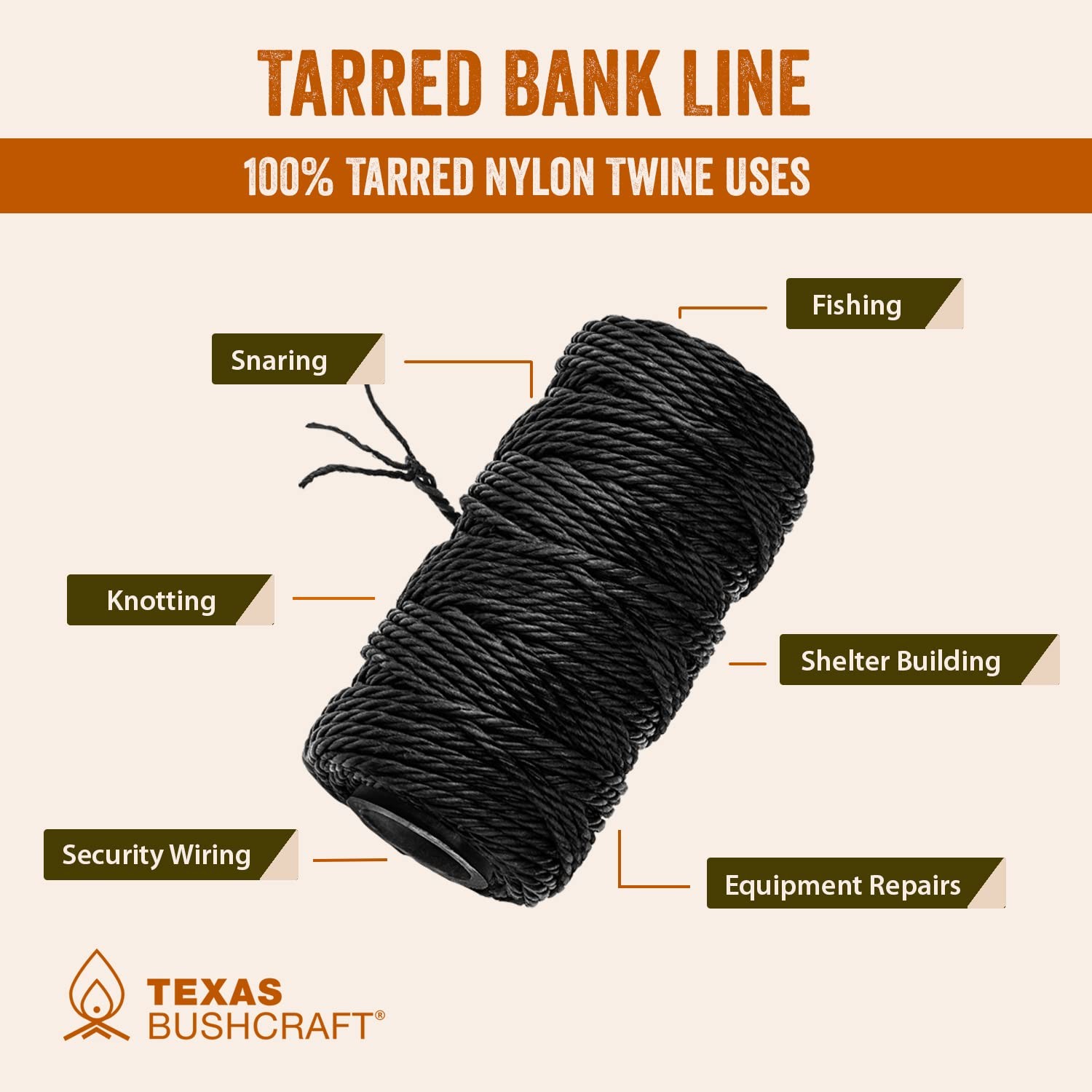 Texas Bushcraft Tarred Bank Line Twine - #36 Black Nylon String for Fishing,