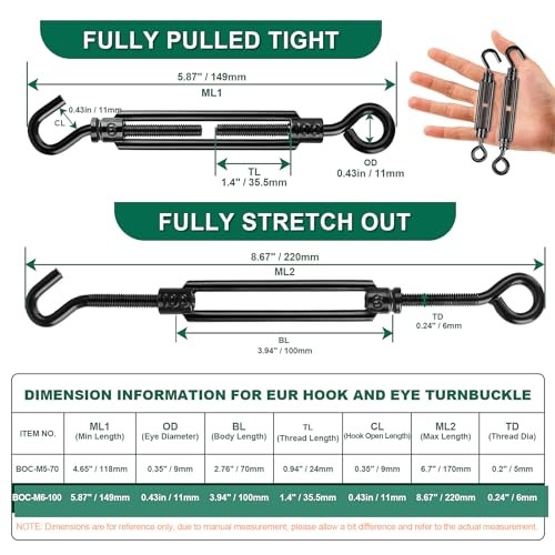 Premium Decorative Turnbuckle Hook & Eye, 12Pcs M6 x 5.9" Hook & Eye Black