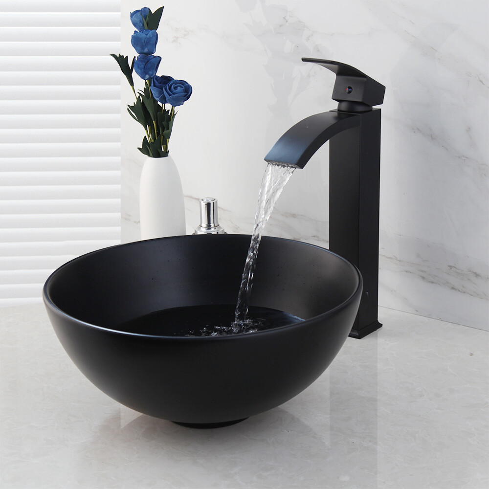 Ceramic Round Black Bathroom Vessel Sink Washing Basin Bowl Waterfall Faucet Tap