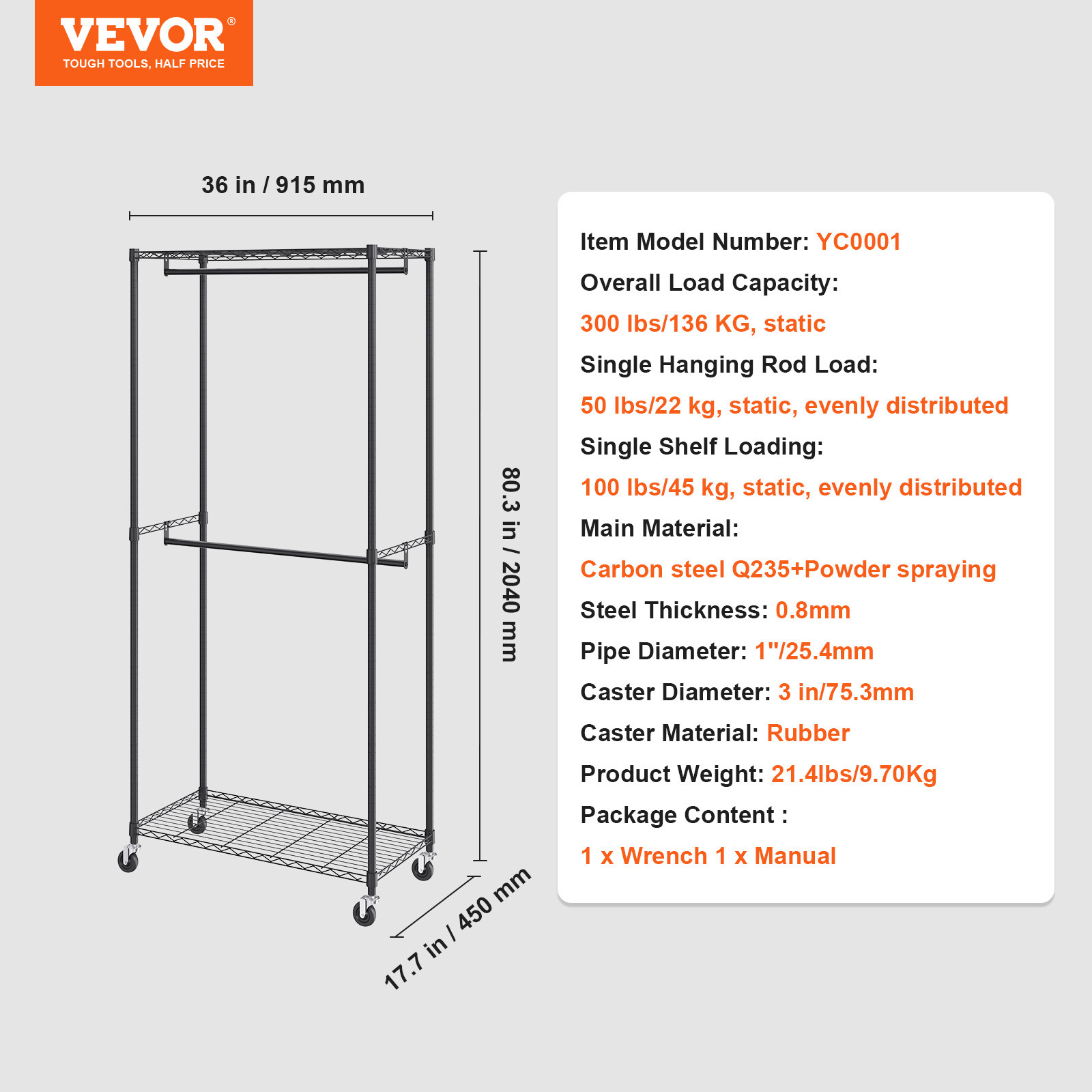 VEVOR Clothes Rack Heavy Duty Clothing Garment Rack Double Hanging Rods 300 lbs