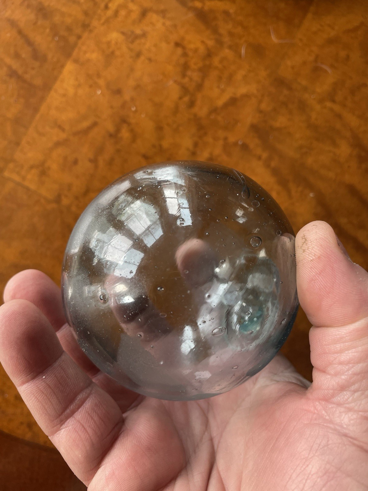 Antique Glass Fish Net Float With Rope Marks Teal Blue Color Wide Pontil