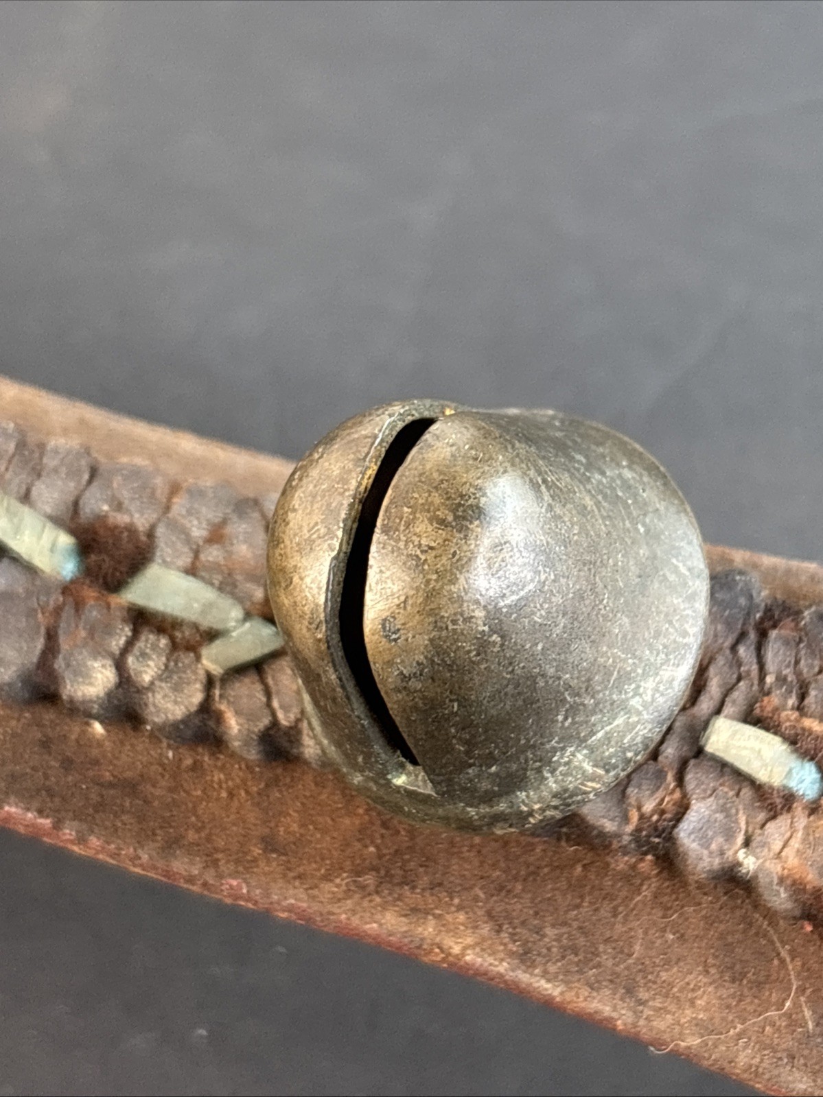 Antique 11 Brass Acorn Sleigh Bells on 41" Leather Strap w/ Copper Rivets VIDEO