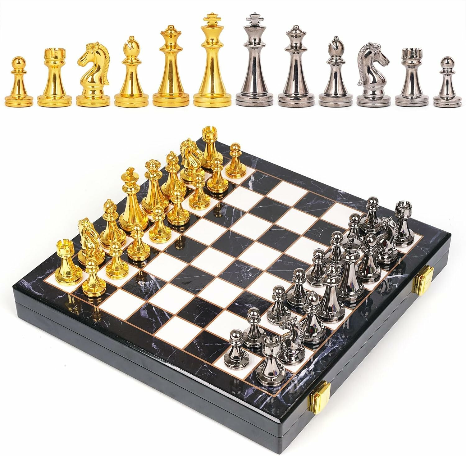 Retro Metal Chess Set - Marbling Folding Chess Board With Metal Pieces