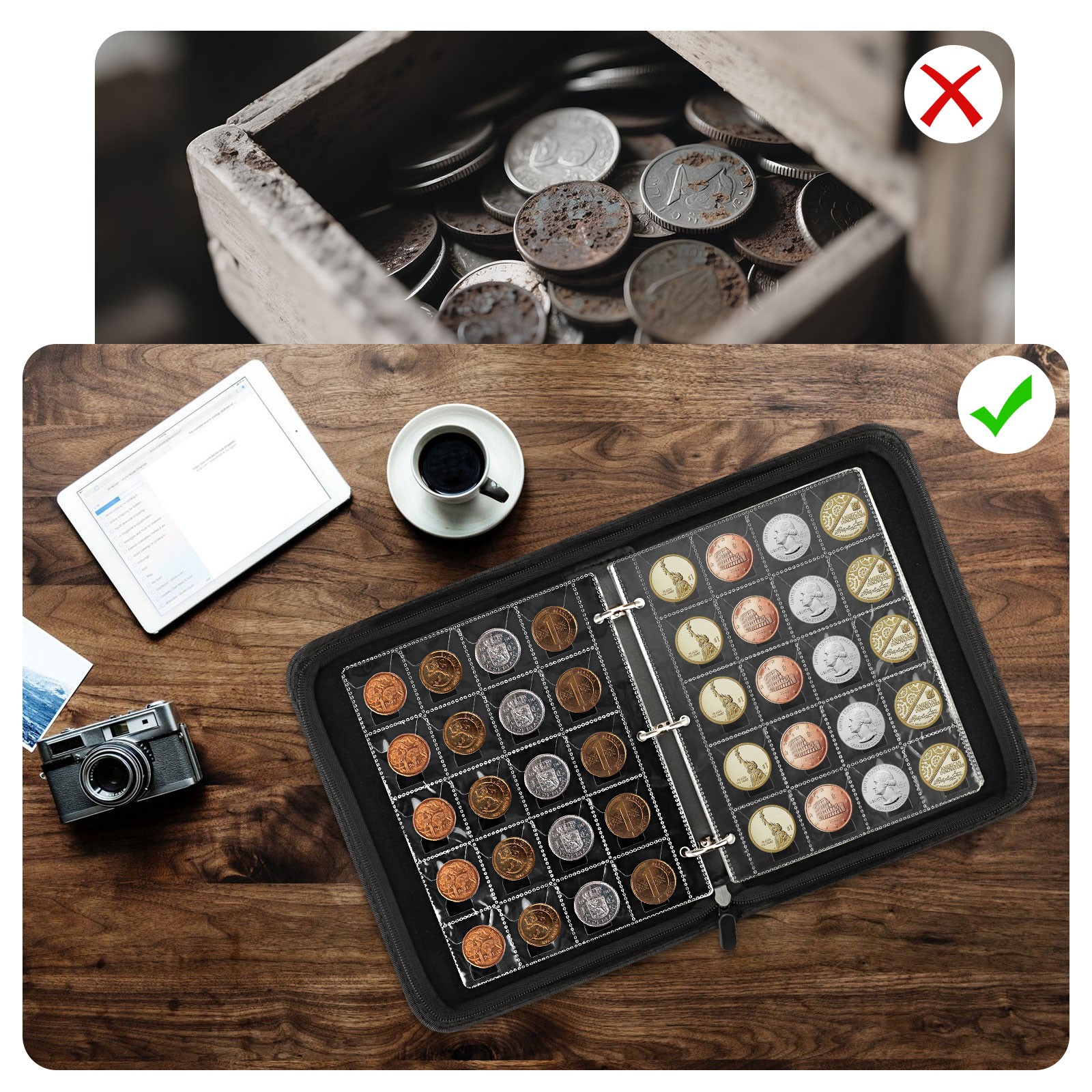 200 Pockets Coin Flip Storage Binder PU Leather Coin Collection Book with Zipper