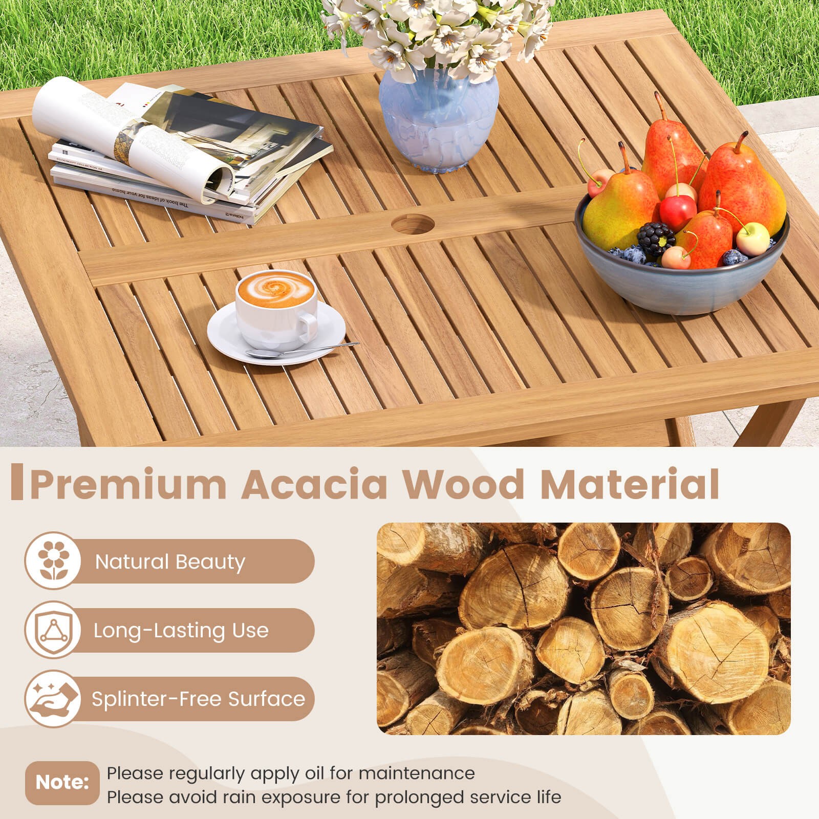 Acacia Wood Folding Table 36” Patio Dining Table with Slatted Tabletop