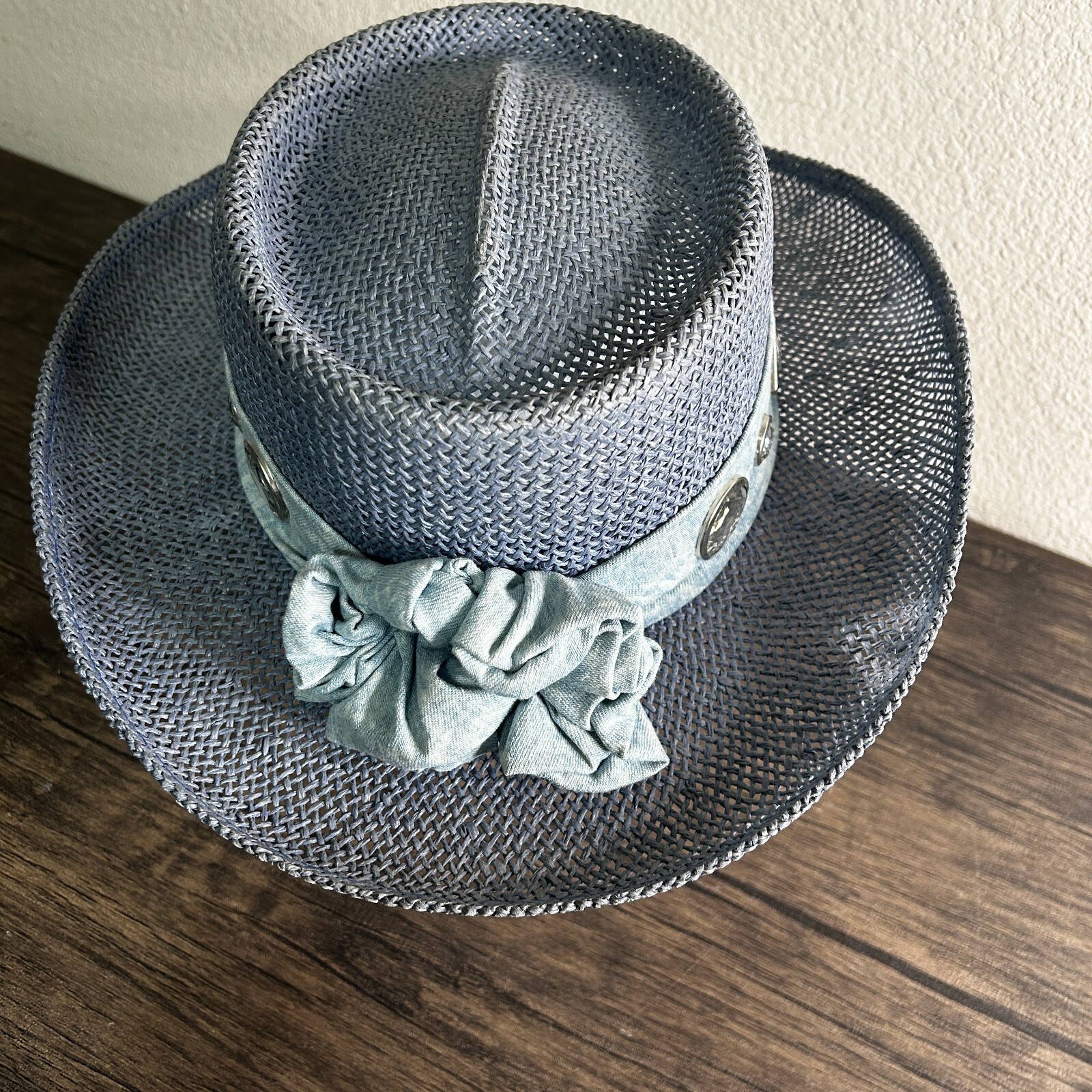VINTAGE Something Special Straw Hat 1980s Gantos Blue Embellished Derby 3425