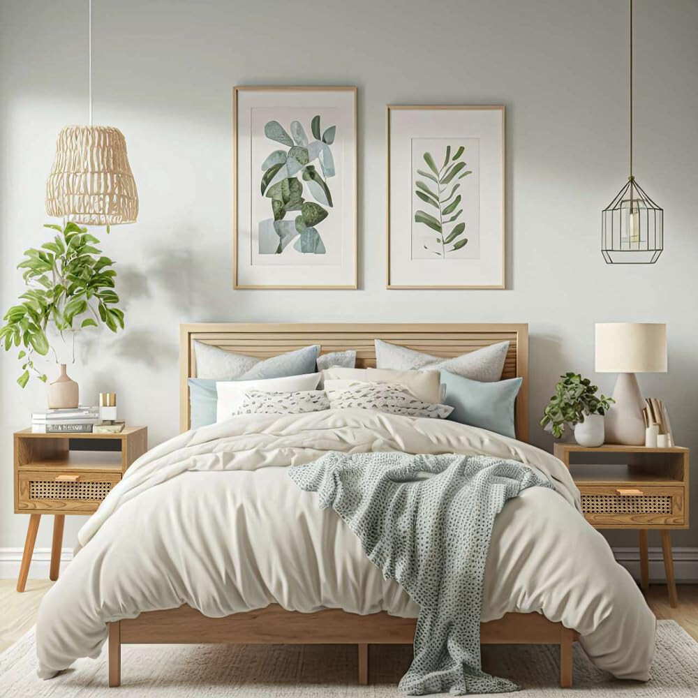 Nightstand with Rattan Door Wooden Bedside Table End Table 1 Drawer Storage