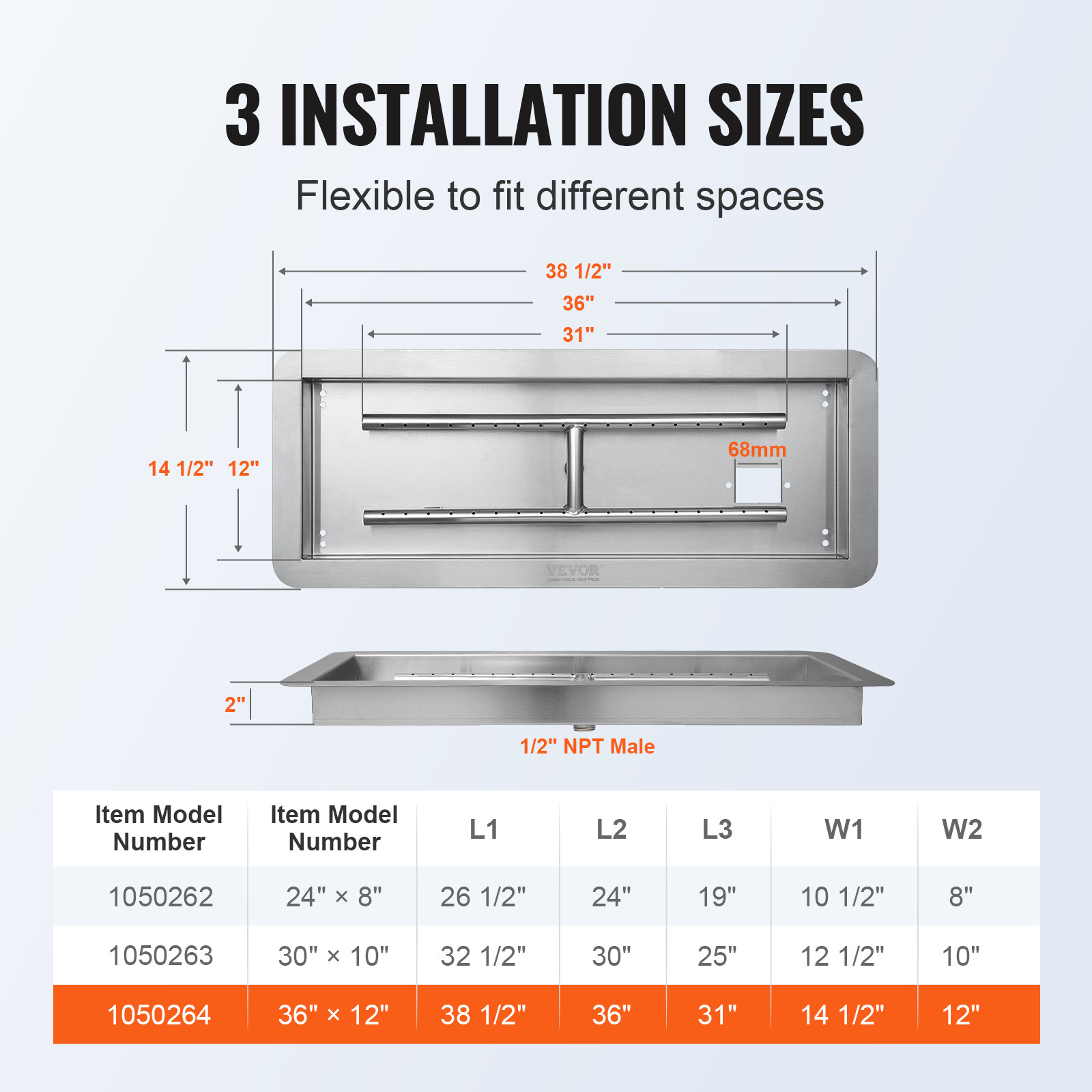 VEVOR 36x12 inch Drop-in Fire Pit Pan Fire Pit H-shape Burner Kit 150,000 BTU