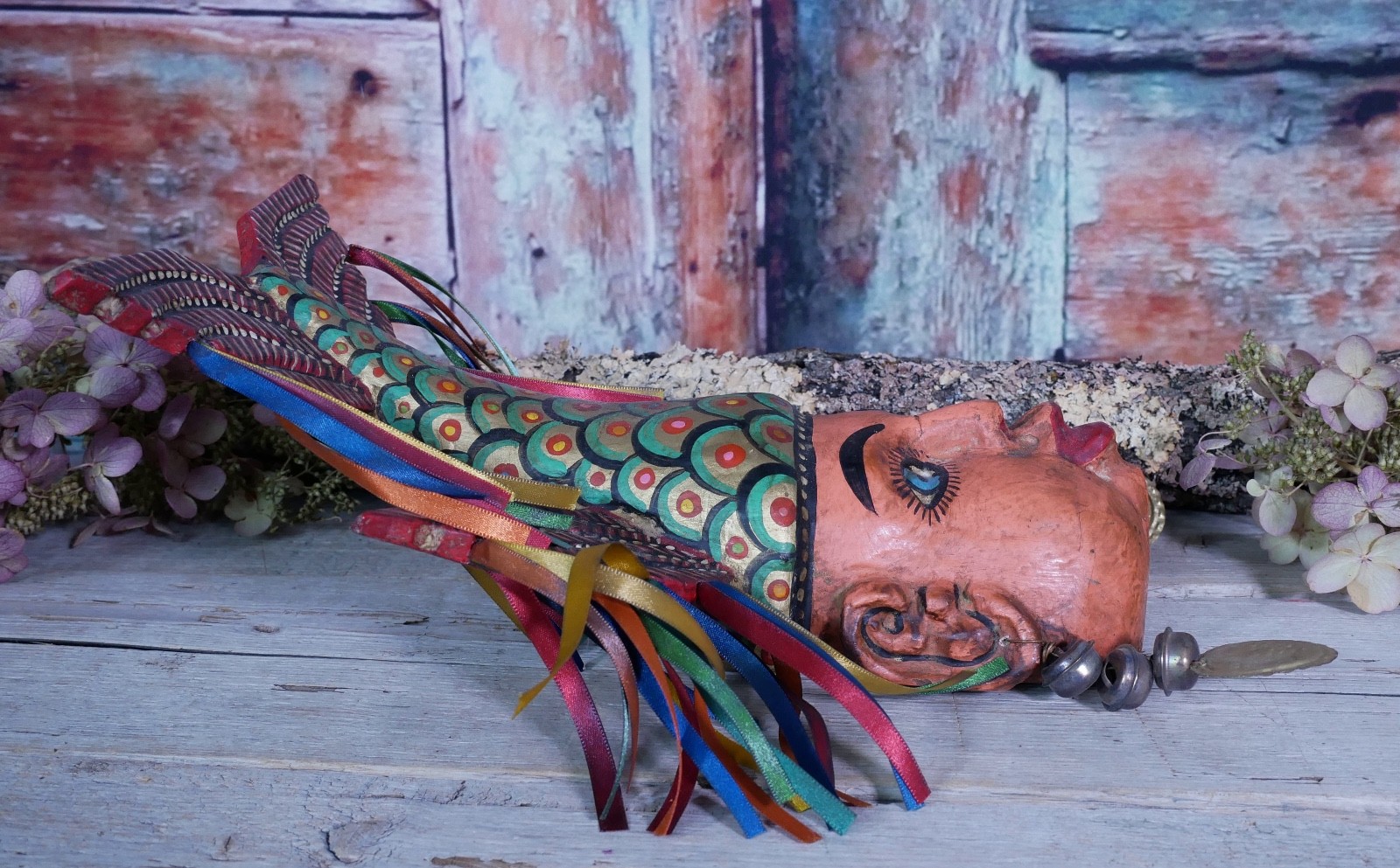 Merman Face & Fish Tail Mask Wood Hand Carved Painted Guerrero Mexican Folk Art