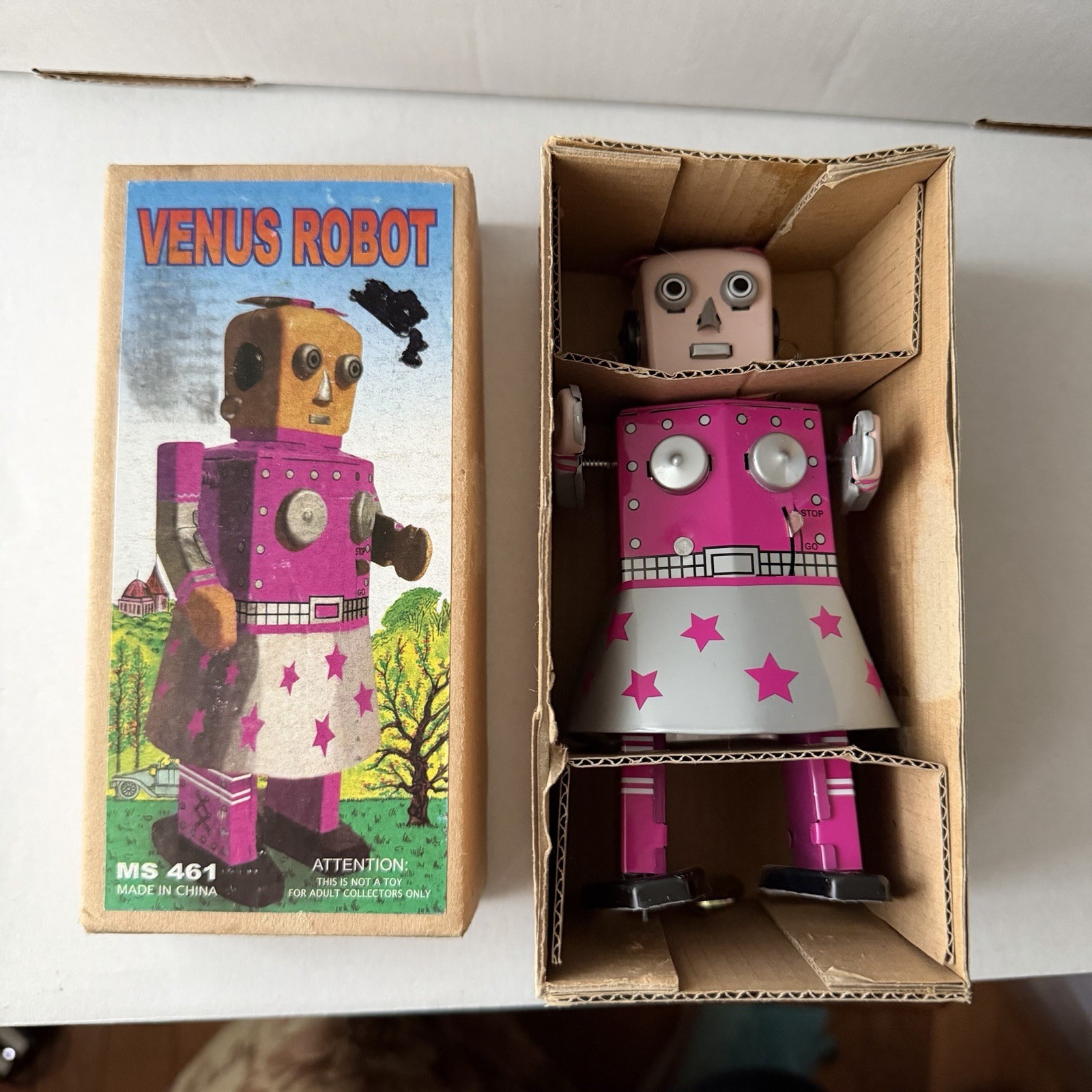 Vintage Venus Robot Pink Windup Tin Toy with Original Box and Key