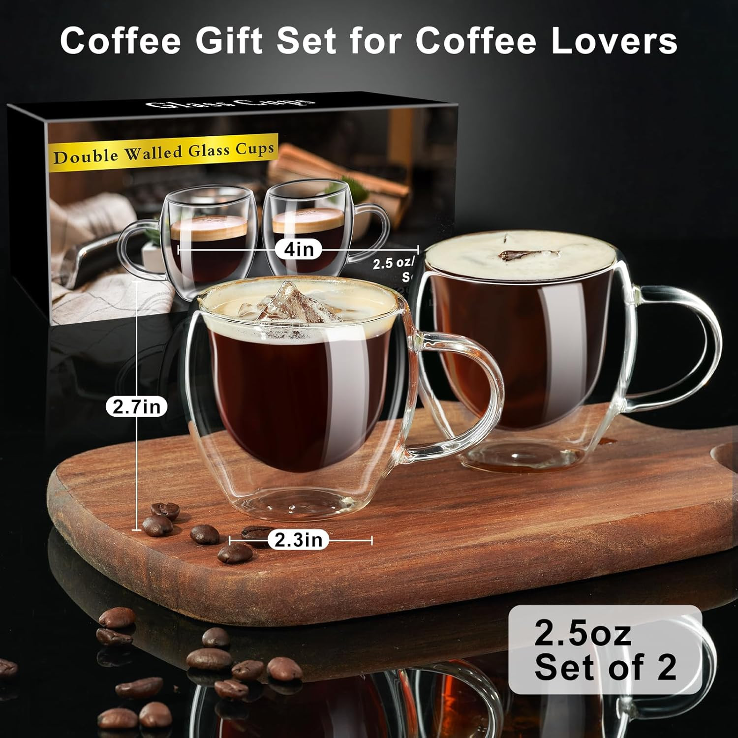 Espresso Cups Set of 2, Double Walled Espresso Shot Glass with Handle, 2.5 OZ Hi